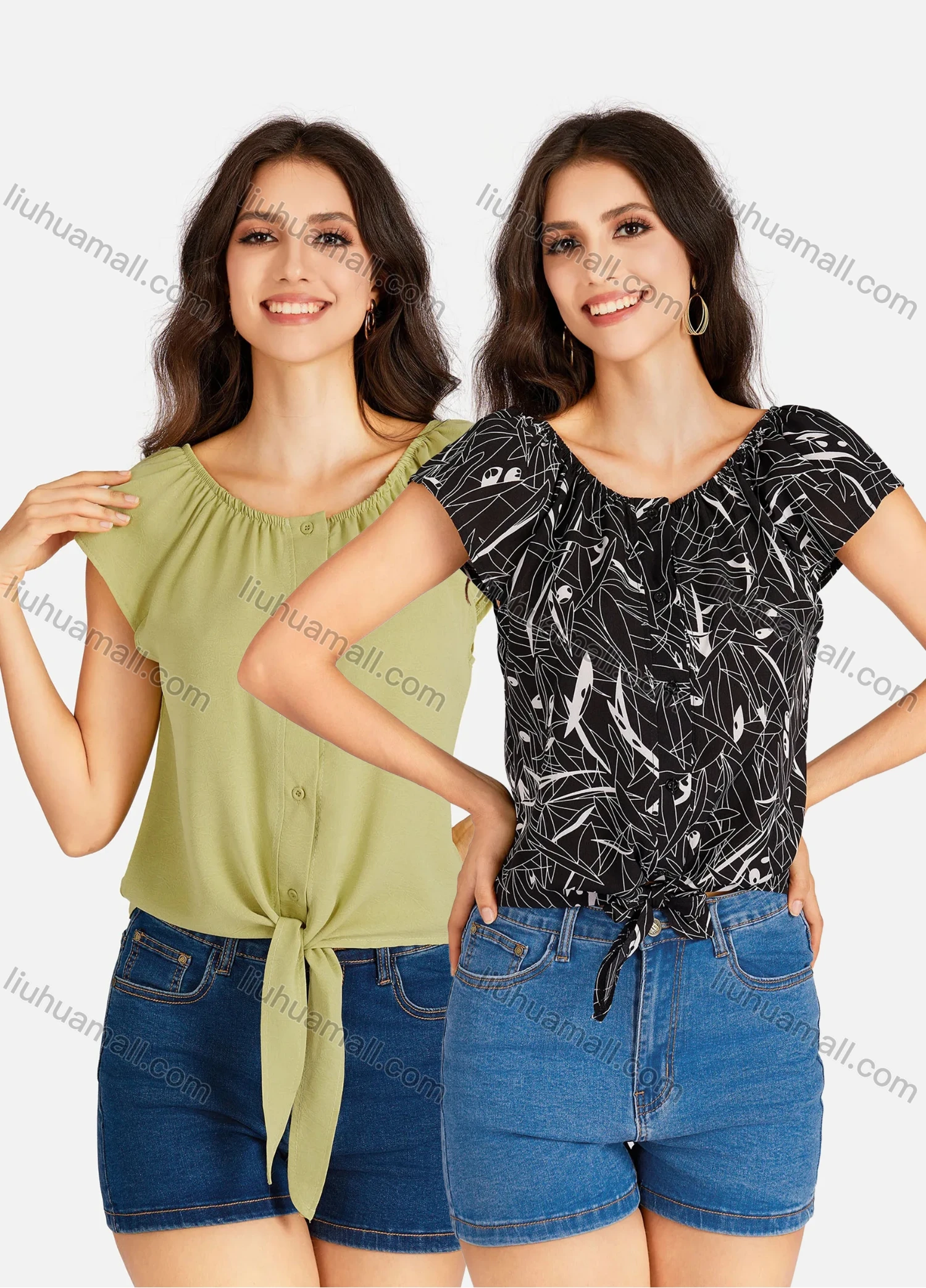 Wholesale Women's Casual Allover Print & Plain Bateau Neck Short Sleeve Buttons Down Tie Front Blouse - Liuhuamall