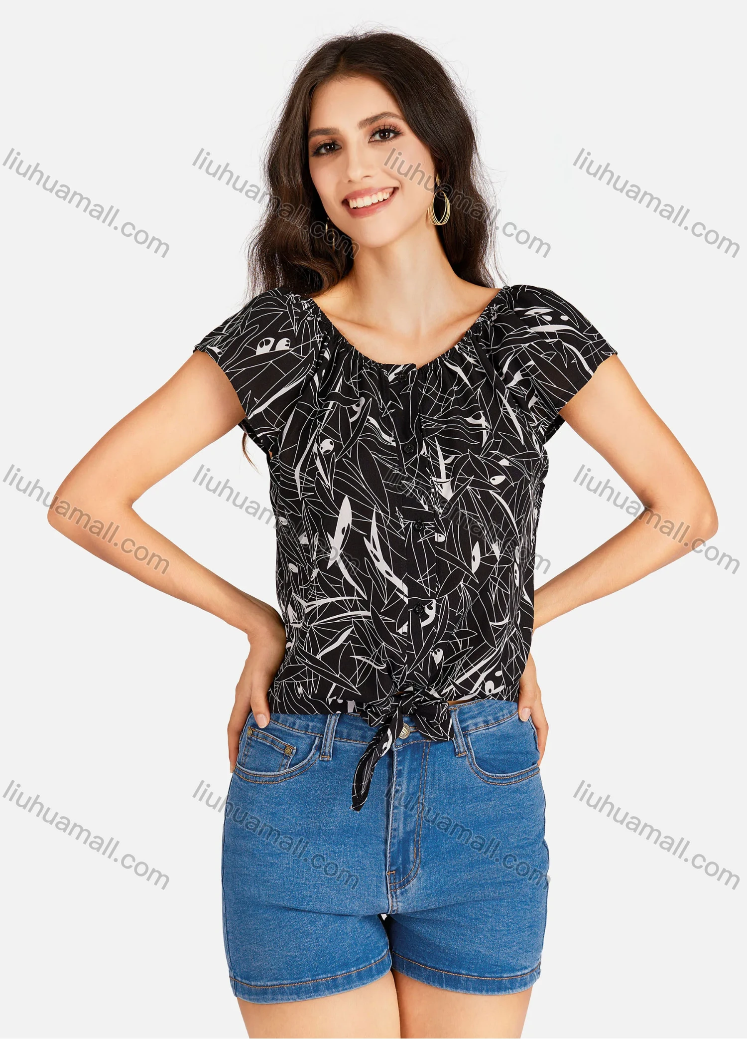 Wholesale Women's Casual Allover Print & Plain Bateau Neck Short Sleeve Buttons Down Tie Front Blouse - Liuhuamall