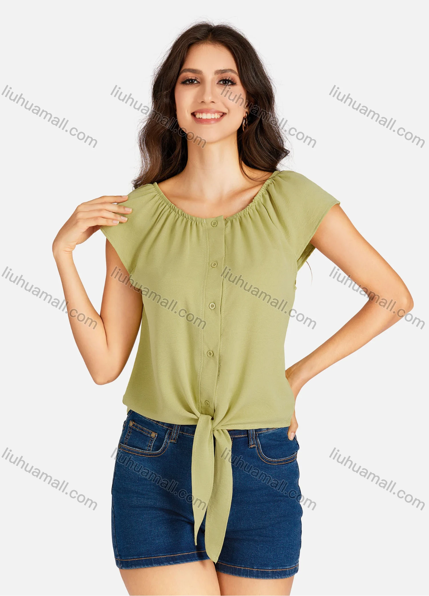 Wholesale Women's Casual Allover Print & Plain Bateau Neck Short Sleeve Buttons Down Tie Front Blouse - Liuhuamall