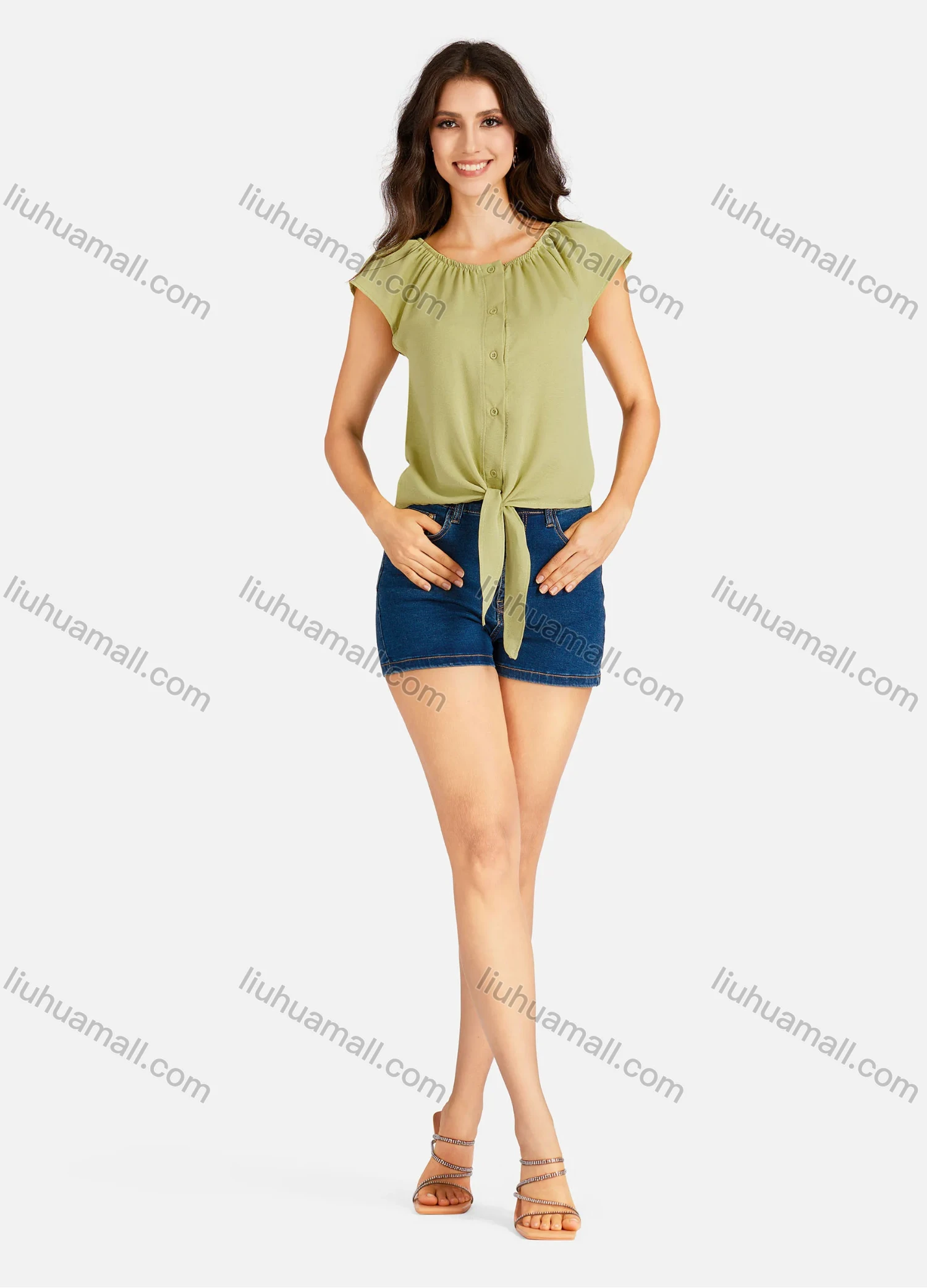 Wholesale Women's Casual Allover Print & Plain Bateau Neck Short Sleeve Buttons Down Tie Front Blouse - Liuhuamall