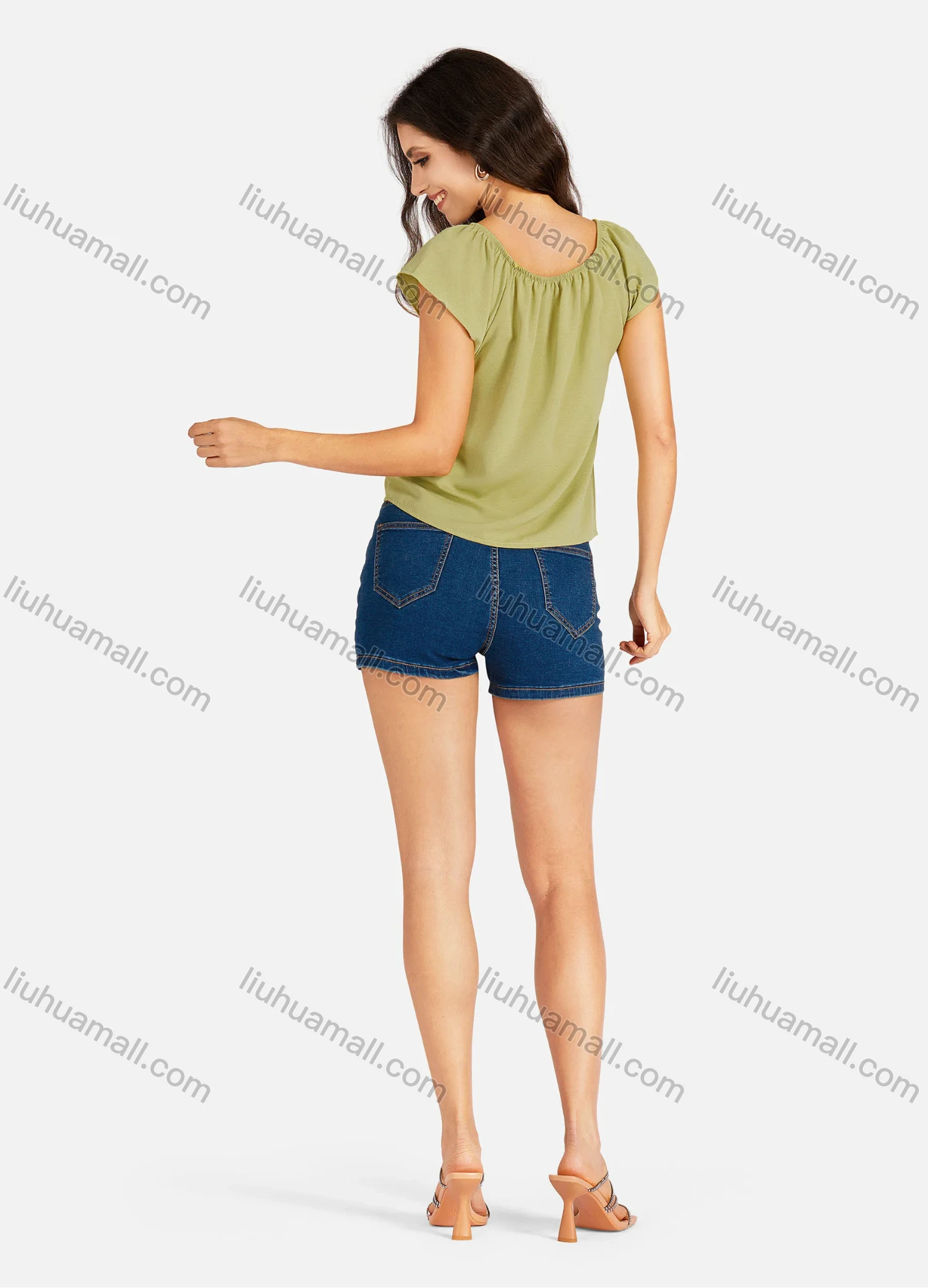 Wholesale Women's Casual Allover Print & Plain Bateau Neck Short Sleeve Buttons Down Tie Front Blouse - Liuhuamall