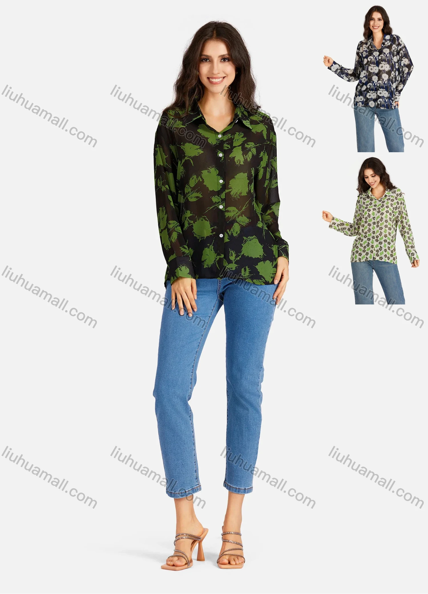 Wholesale Women's Casual Leaves & Floral Print Buttons Down Long Sleeve Shirt - Liuhuamall