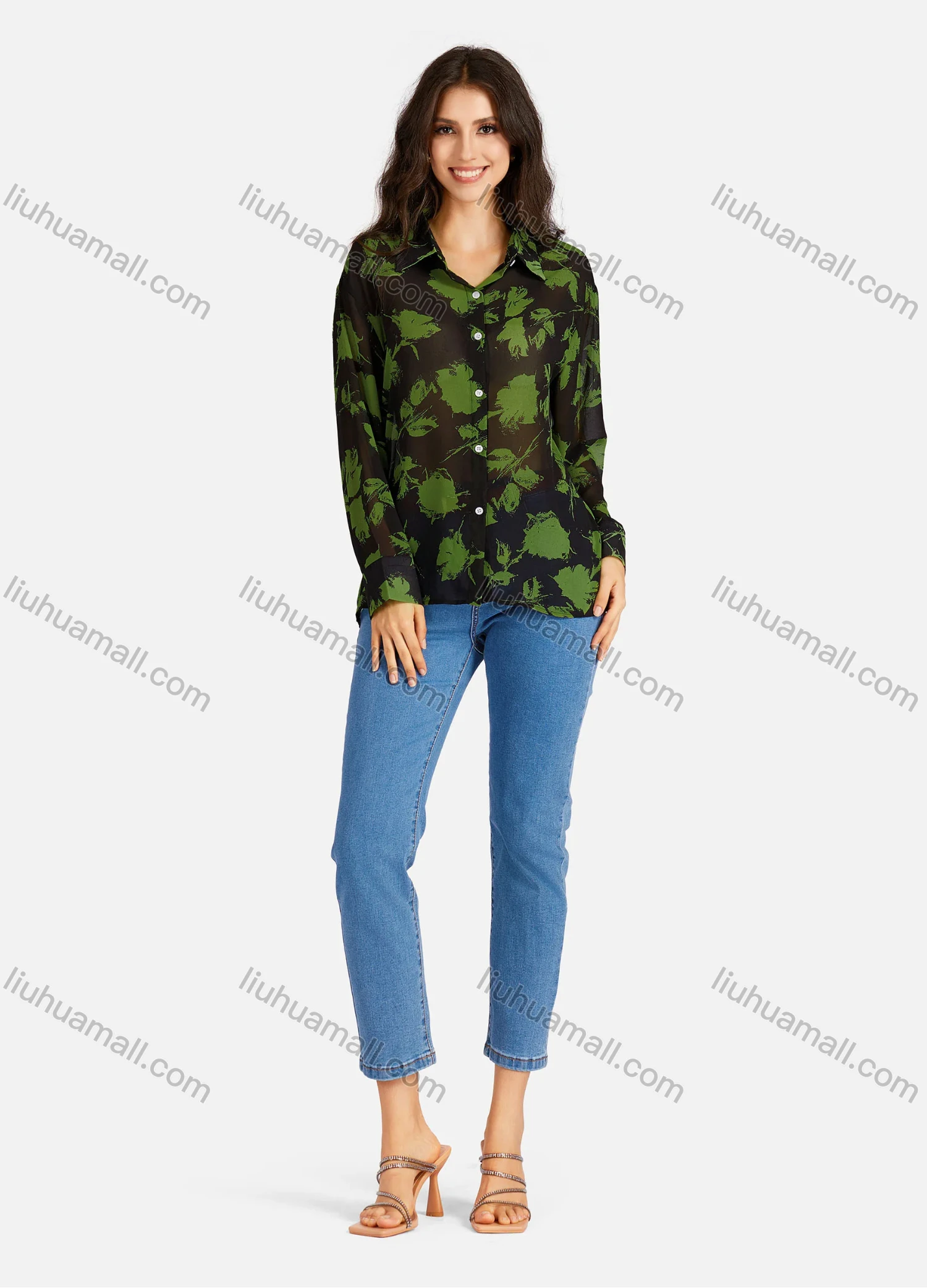 Wholesale Women's Casual Leaves & Floral Print Buttons Down Long Sleeve Shirt - Liuhuamall