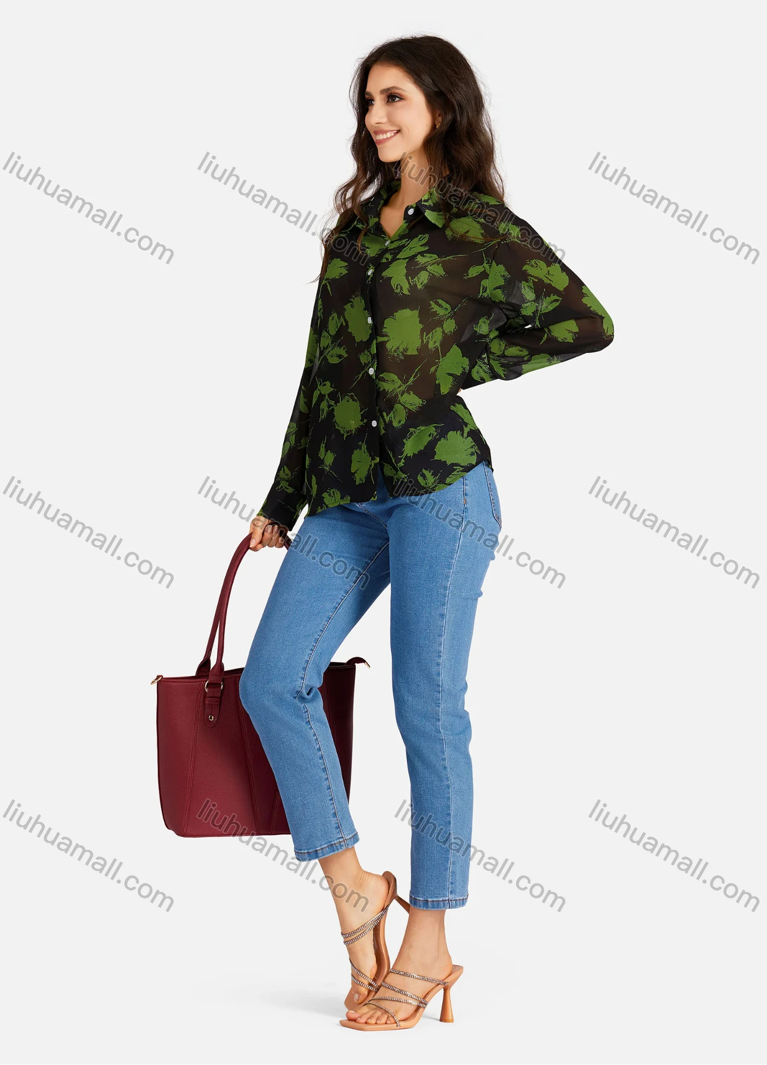 Wholesale Women's Casual Leaves & Floral Print Buttons Down Long Sleeve Shirt - Liuhuamall
