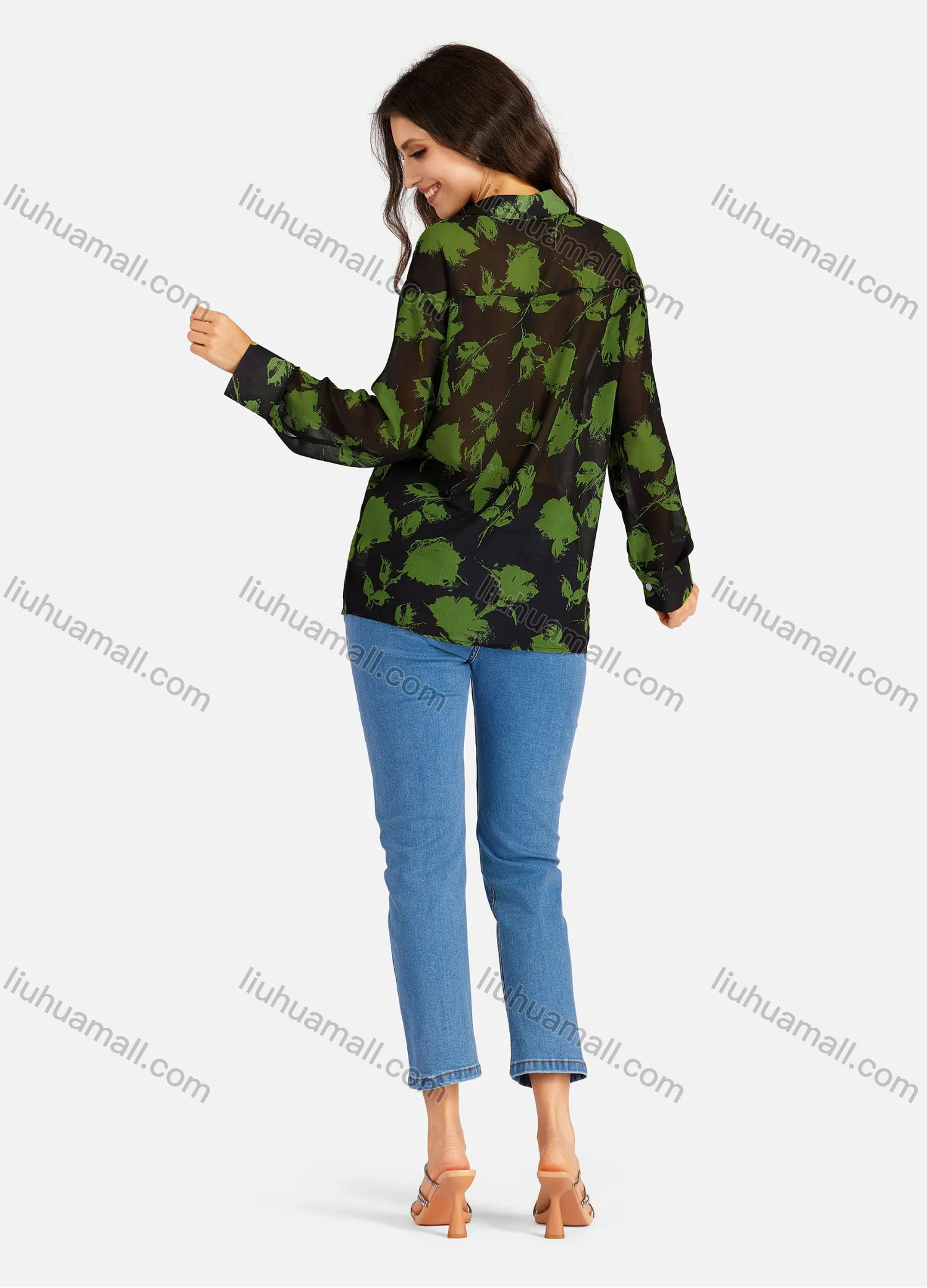Wholesale Women's Casual Leaves & Floral Print Buttons Down Long Sleeve Shirt - Liuhuamall
