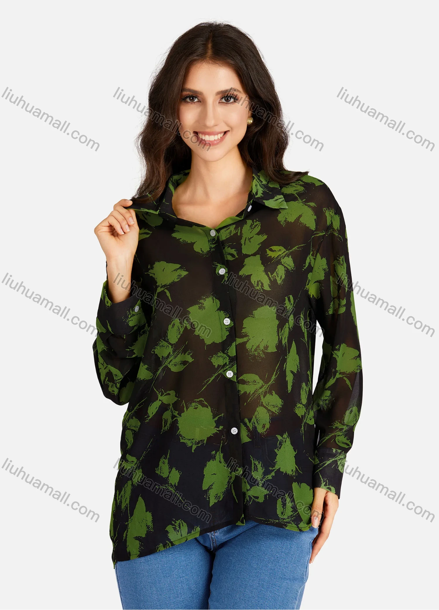 Wholesale Women's Casual Leaves & Floral Print Buttons Down Long Sleeve Shirt - Liuhuamall