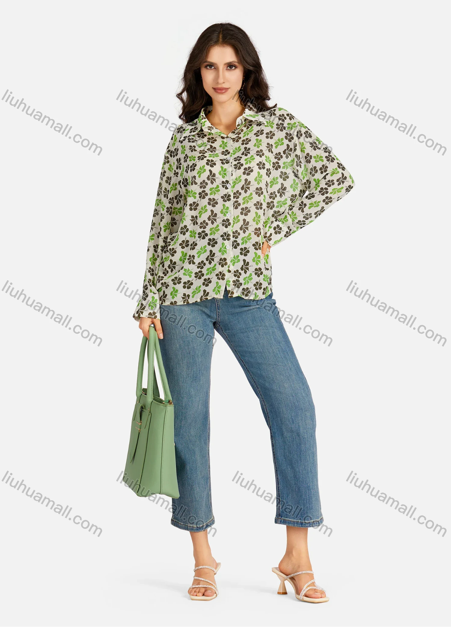 Wholesale Women's Casual Leaves & Floral Print Buttons Down Long Sleeve Shirt - Liuhuamall