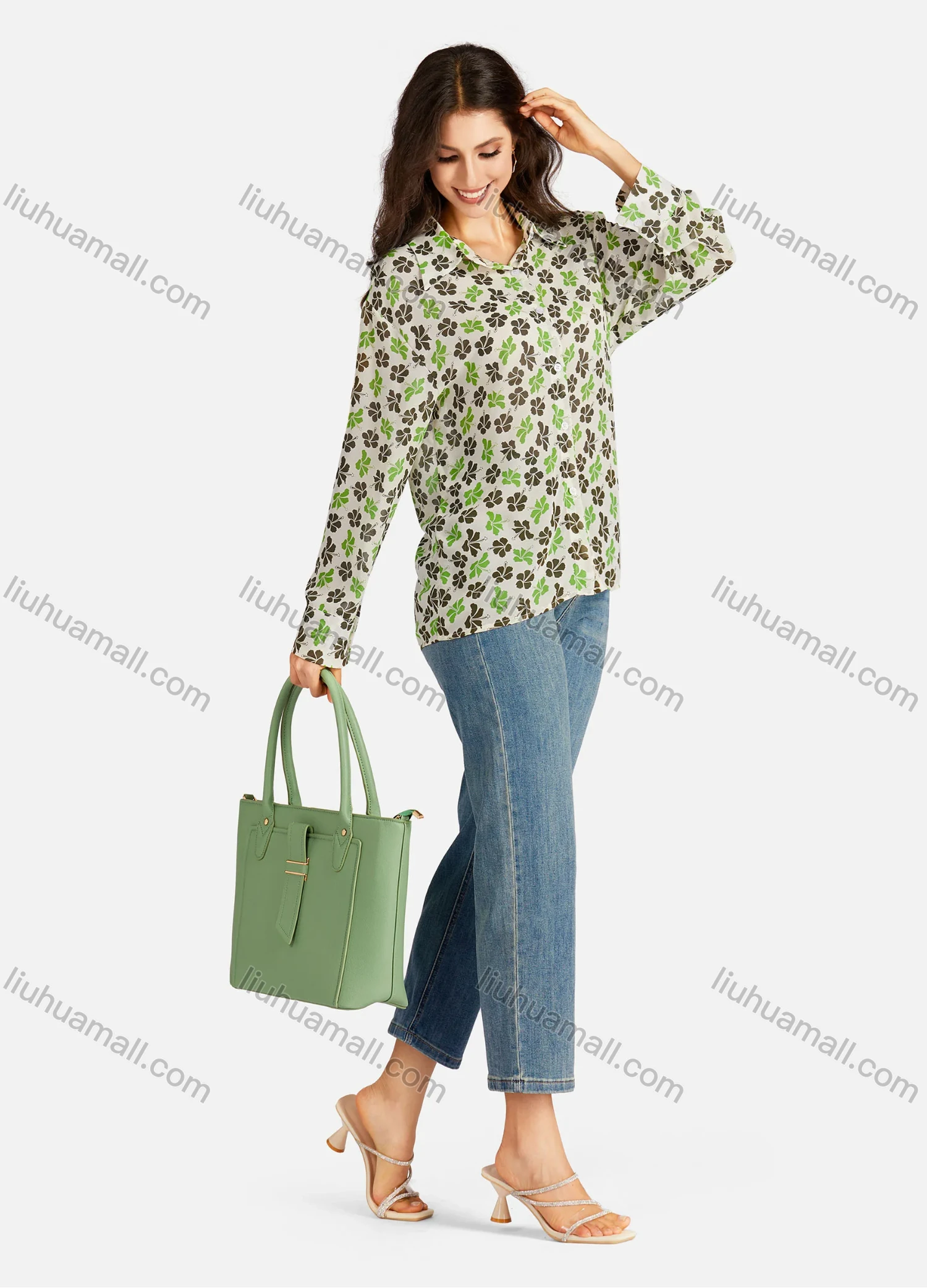 Wholesale Women's Casual Leaves & Floral Print Buttons Down Long Sleeve Shirt - Liuhuamall
