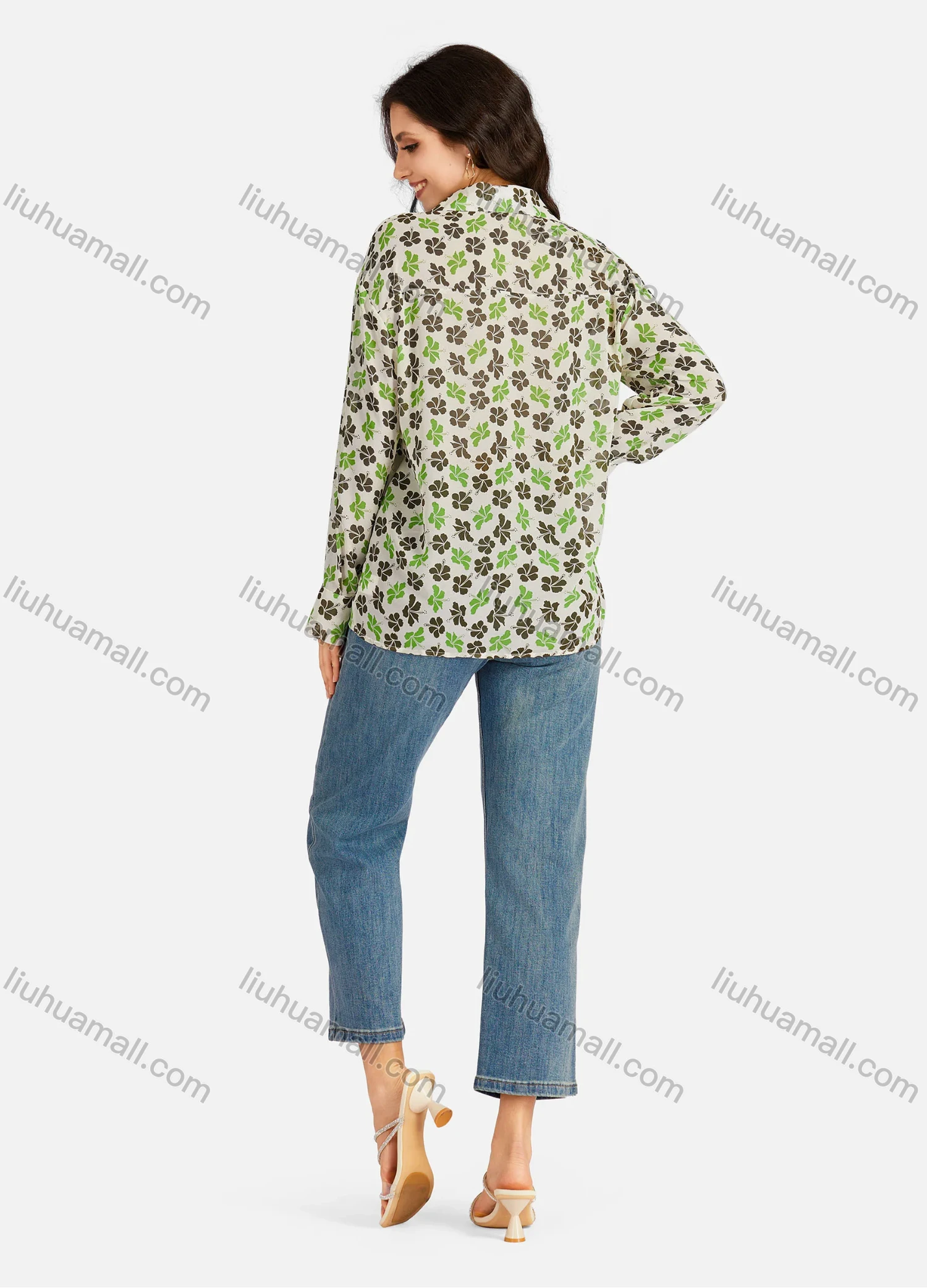 Wholesale Women's Casual Leaves & Floral Print Buttons Down Long Sleeve Shirt - Liuhuamall