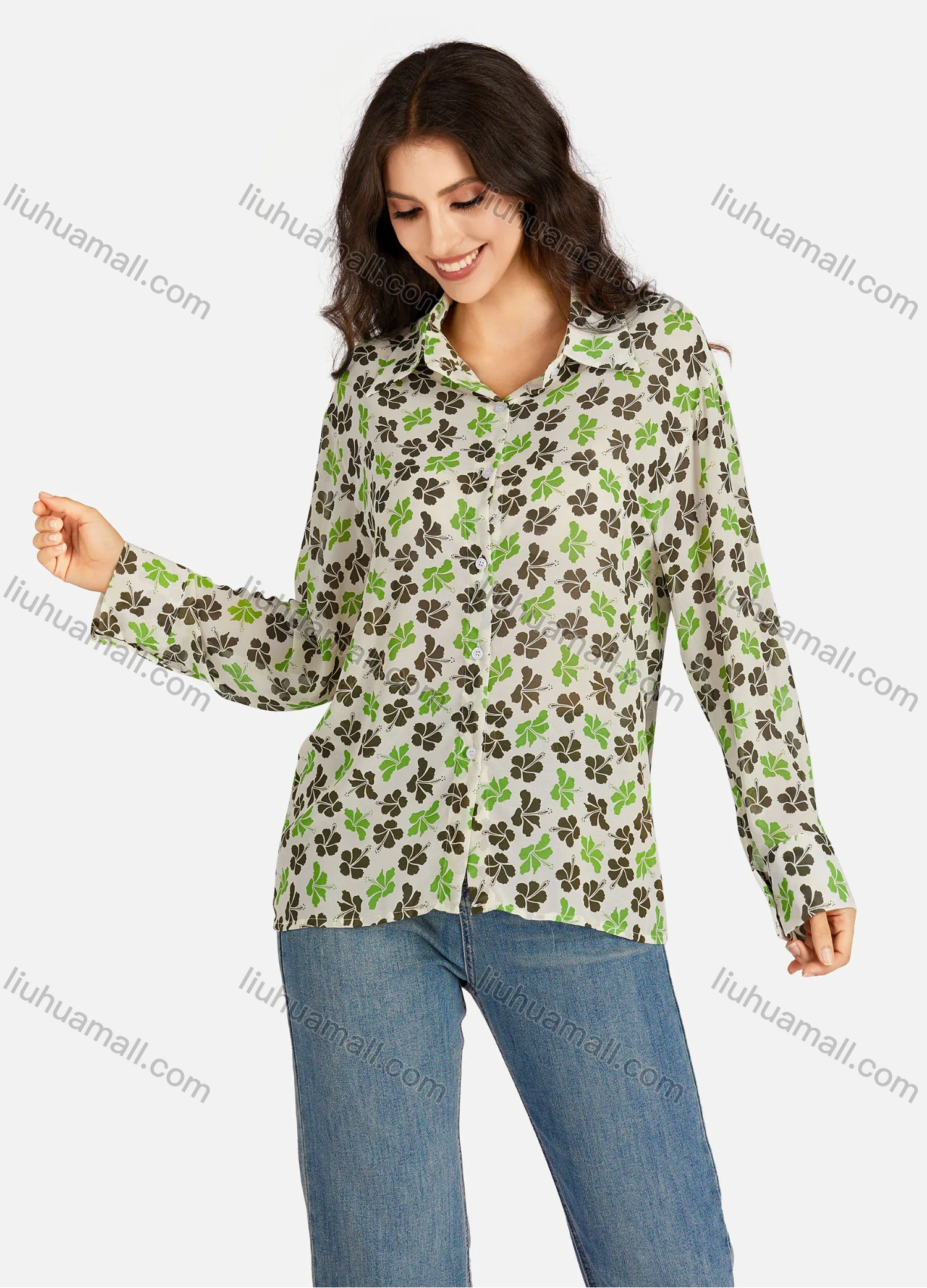 Wholesale Women's Casual Leaves & Floral Print Buttons Down Long Sleeve Shirt - Liuhuamall
