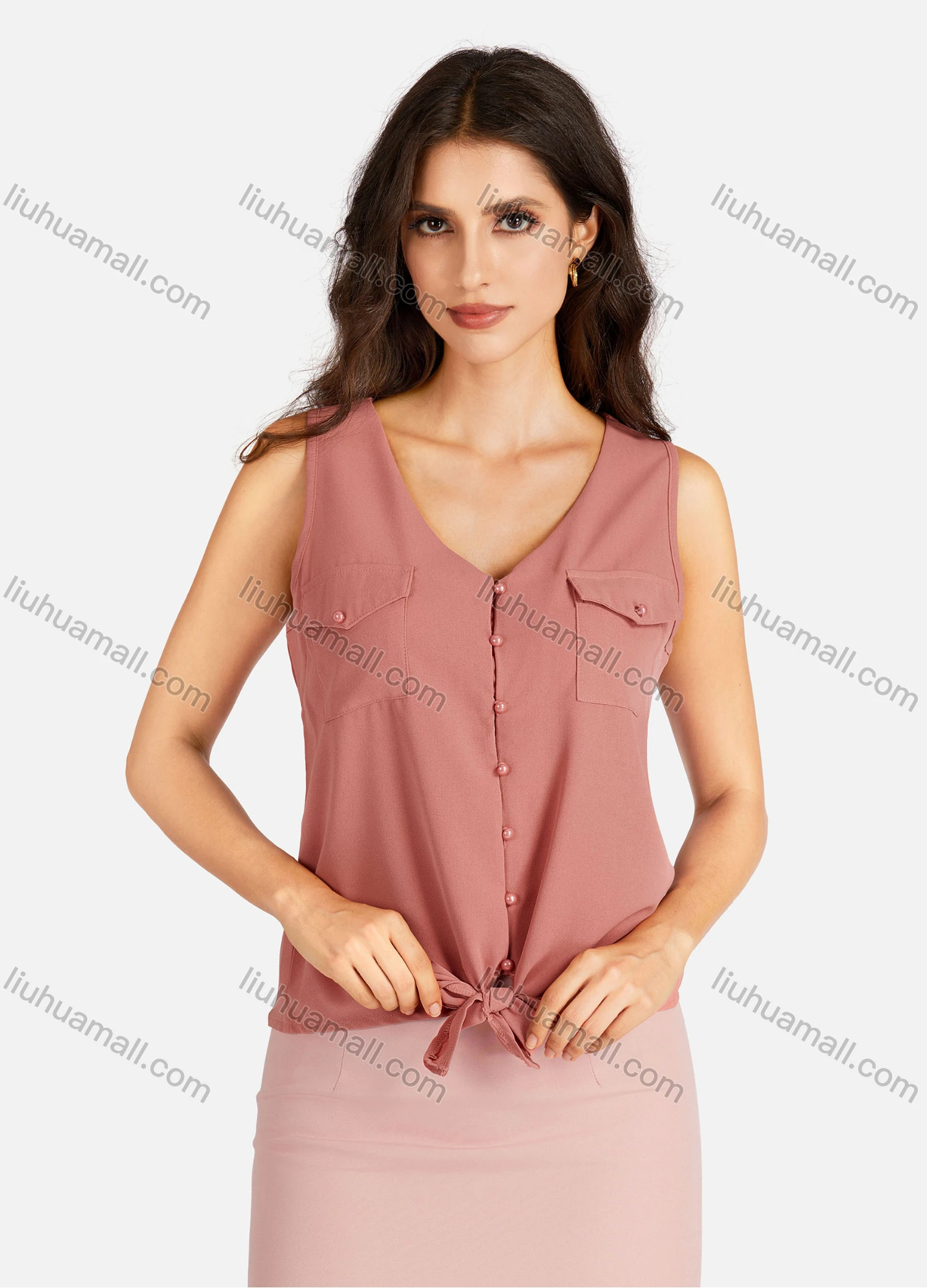 Wholesale Women's Casual Plain Flap Pockets V Neck Buttons Down Vest Tank Top - Liuhuamall
