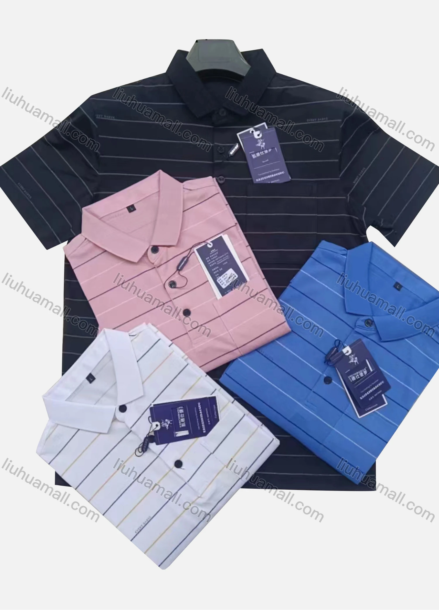 Wholesale Men's Casual Striped Patch Pocket Short Sleeve Polo Shirt - Liuhuamall