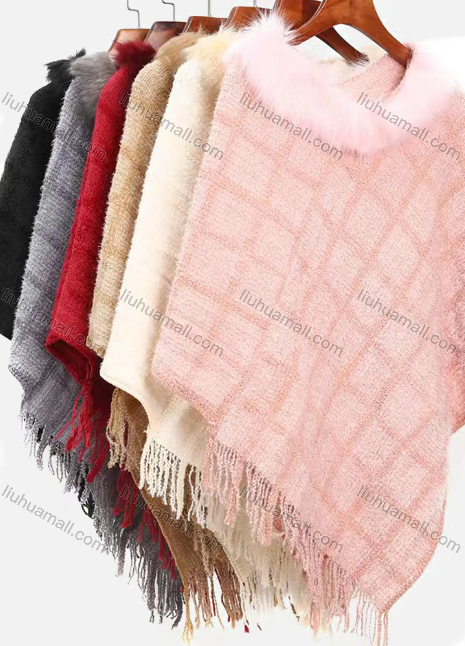 Wholesale Women's Casual Faux Fur Lined Collar Plaid Scarf Hem Cape - Liuhuamall