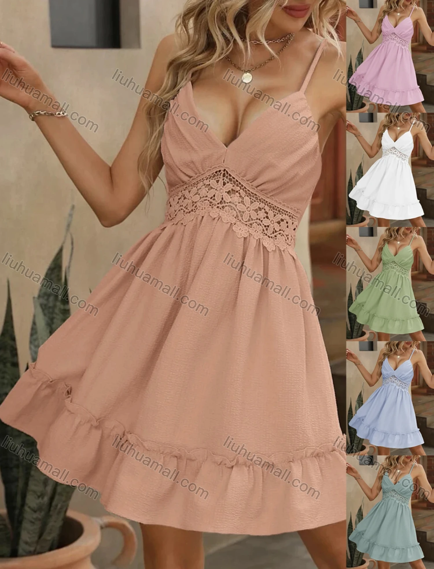 Wholesale Women's Sexy Plain Deep V Neck Spaghetti Straps Guipure Lace Ruffle Hem Short Cami Dress - Liuhuamall