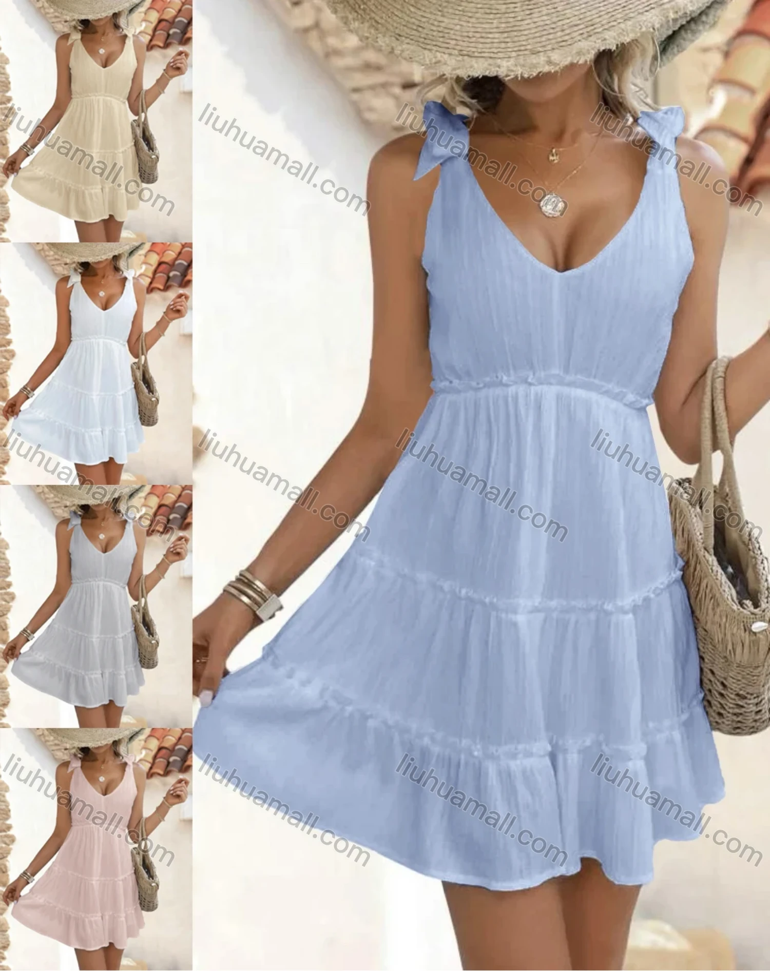 Wholesale Women's Casual Plain V Neck Bow Tie Ruched Ruffle Hem Short Tank Dress - Liuhuamall