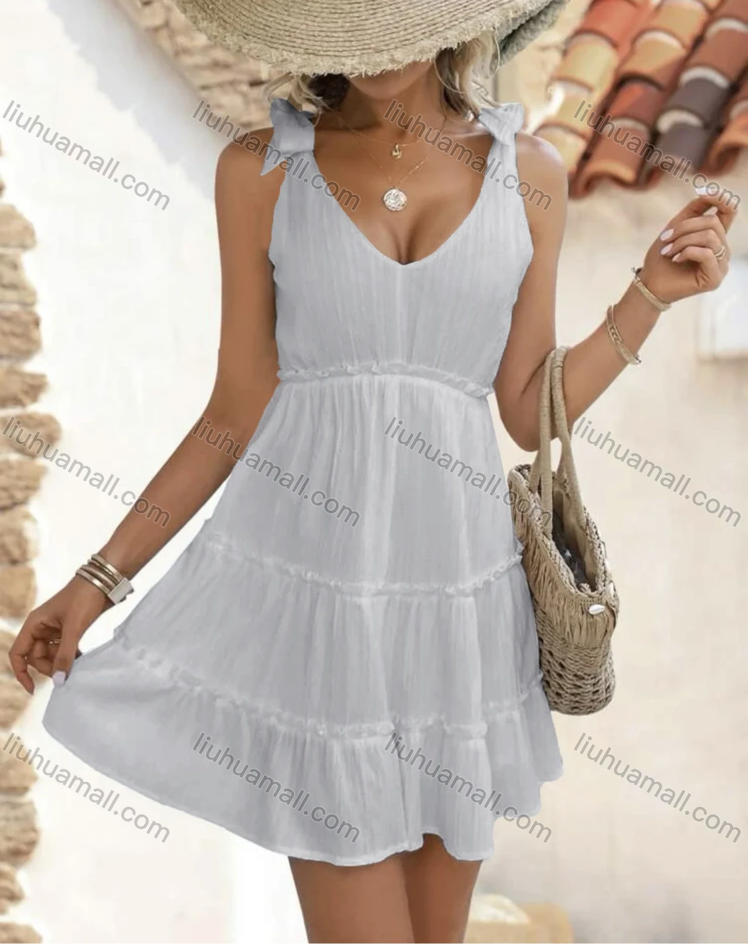 Wholesale Women's Casual Plain V Neck Bow Tie Ruched Ruffle Hem Short Tank Dress - Liuhuamall