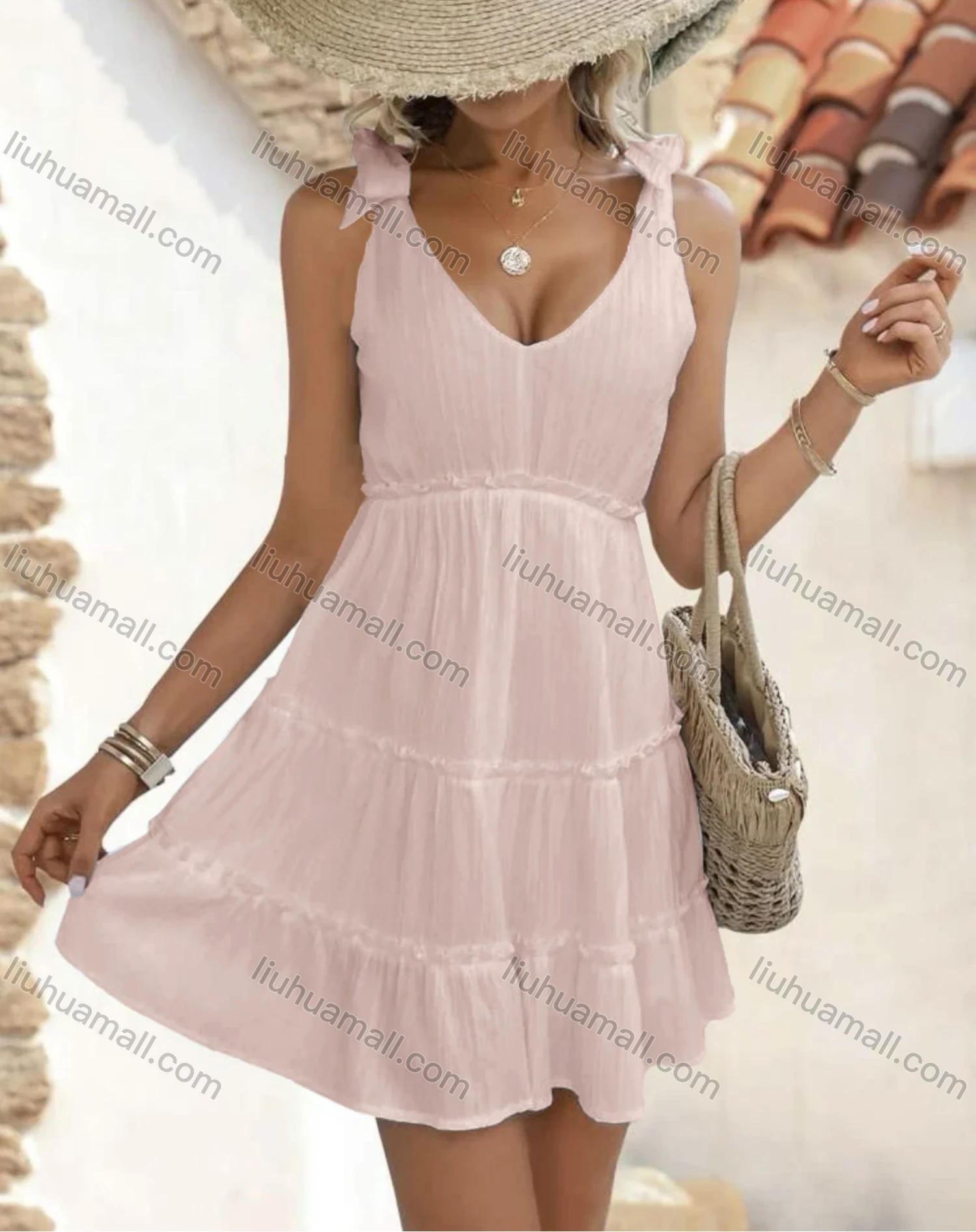Wholesale Women's Casual Plain V Neck Bow Tie Ruched Ruffle Hem Short Tank Dress - Liuhuamall
