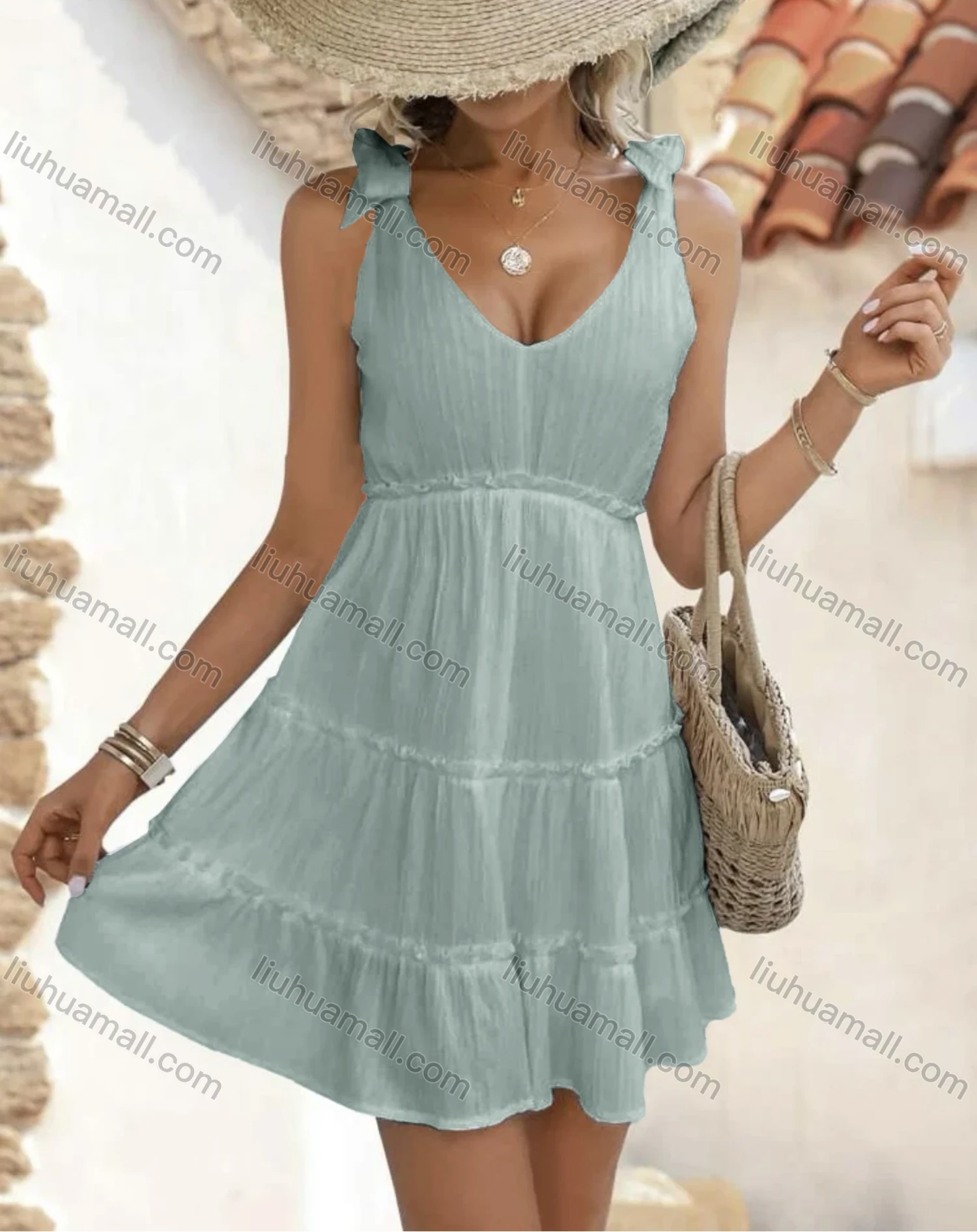 Wholesale Women's Casual Plain V Neck Bow Tie Ruched Ruffle Hem Short Tank Dress - Liuhuamall