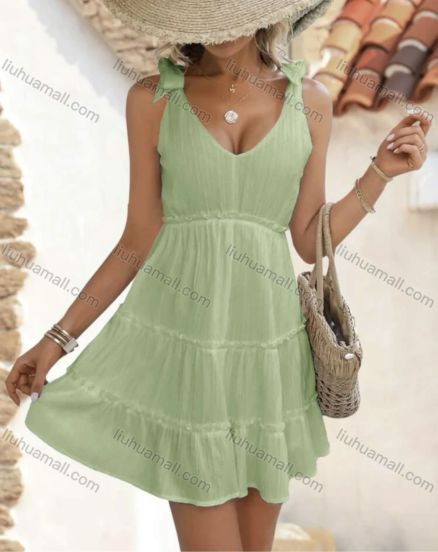 Wholesale Women's Casual Plain V Neck Bow Tie Ruched Ruffle Hem Short Tank Dress - Liuhuamall