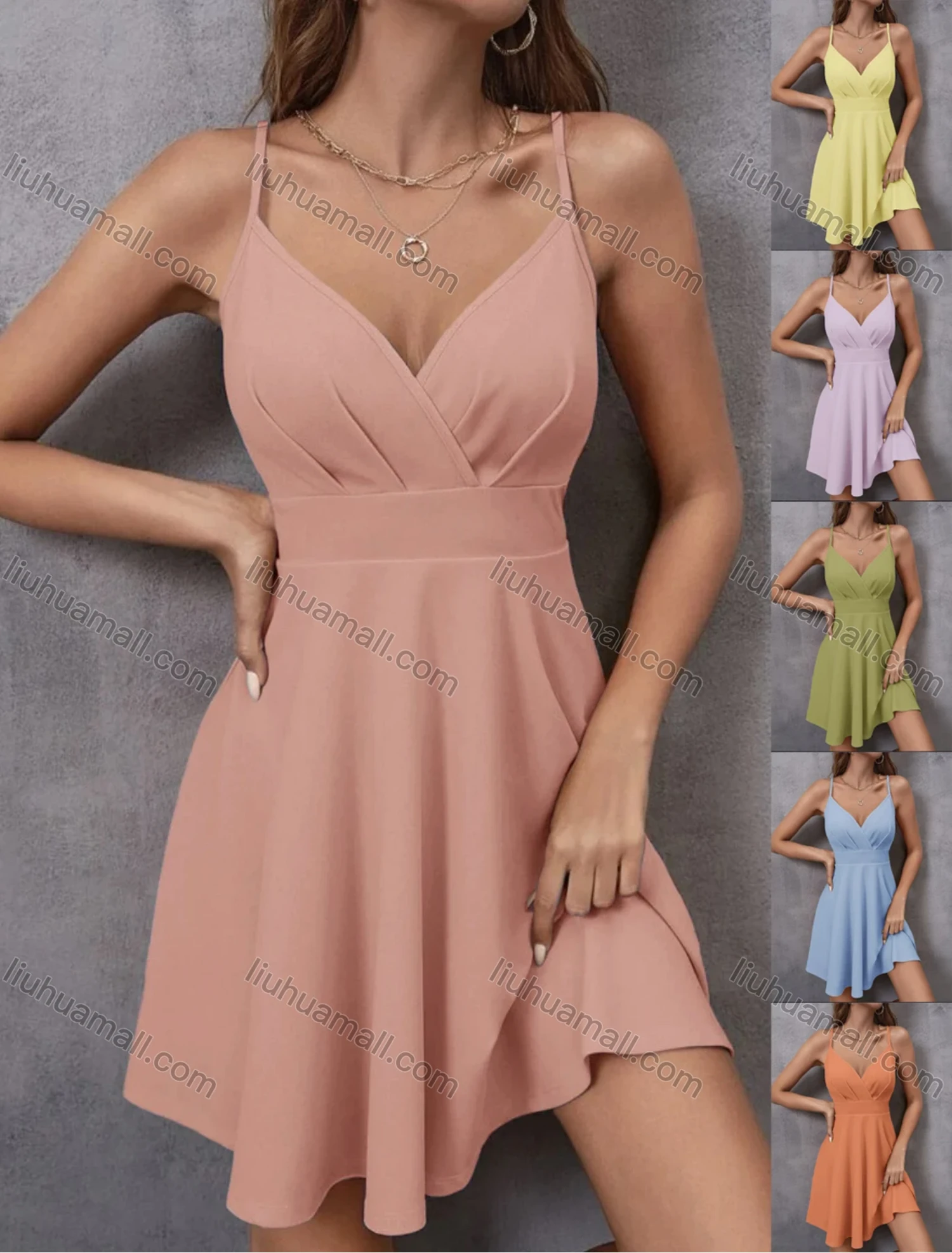 Wholesale Women's Casual Sexy Plain Wrap V Neck Spaghetti Straps Ruffle Hem Short Cami Dress - Liuhuamall