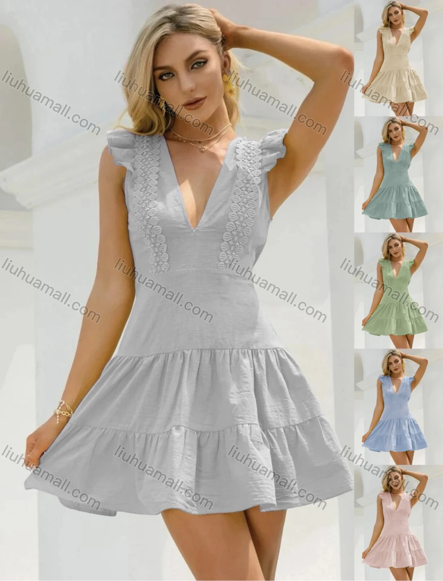 Wholesale Women's Casual Sexy Plain Deep V Neck Ruched Ruffle Trim Ruffle Hem Short Tank Dress - Liuhuamall