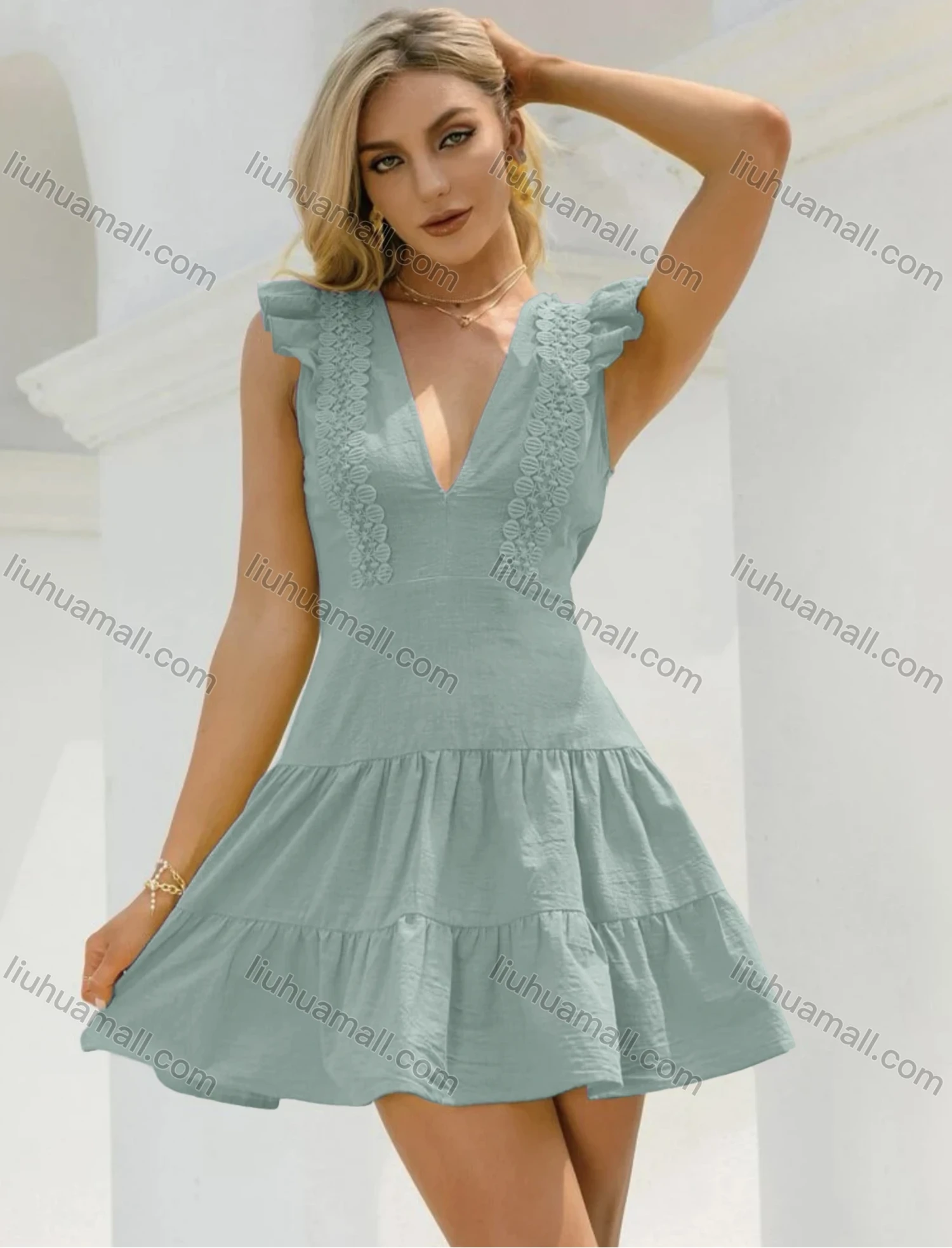 Wholesale Women's Casual Sexy Plain Deep V Neck Ruched Ruffle Trim Ruffle Hem Short Tank Dress - Liuhuamall