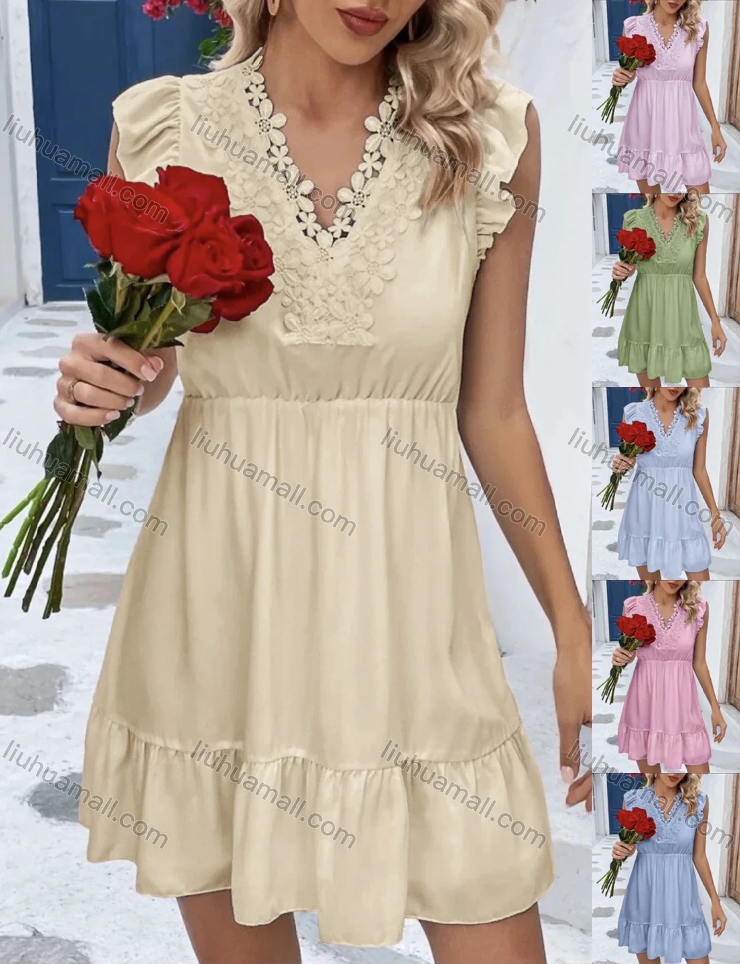 Wholesale Women's Casual Plain Lace Floral Trim V Neck Ruffle Trim Ruched Ruffle Hem Short Tank Dress - Liuhuamall