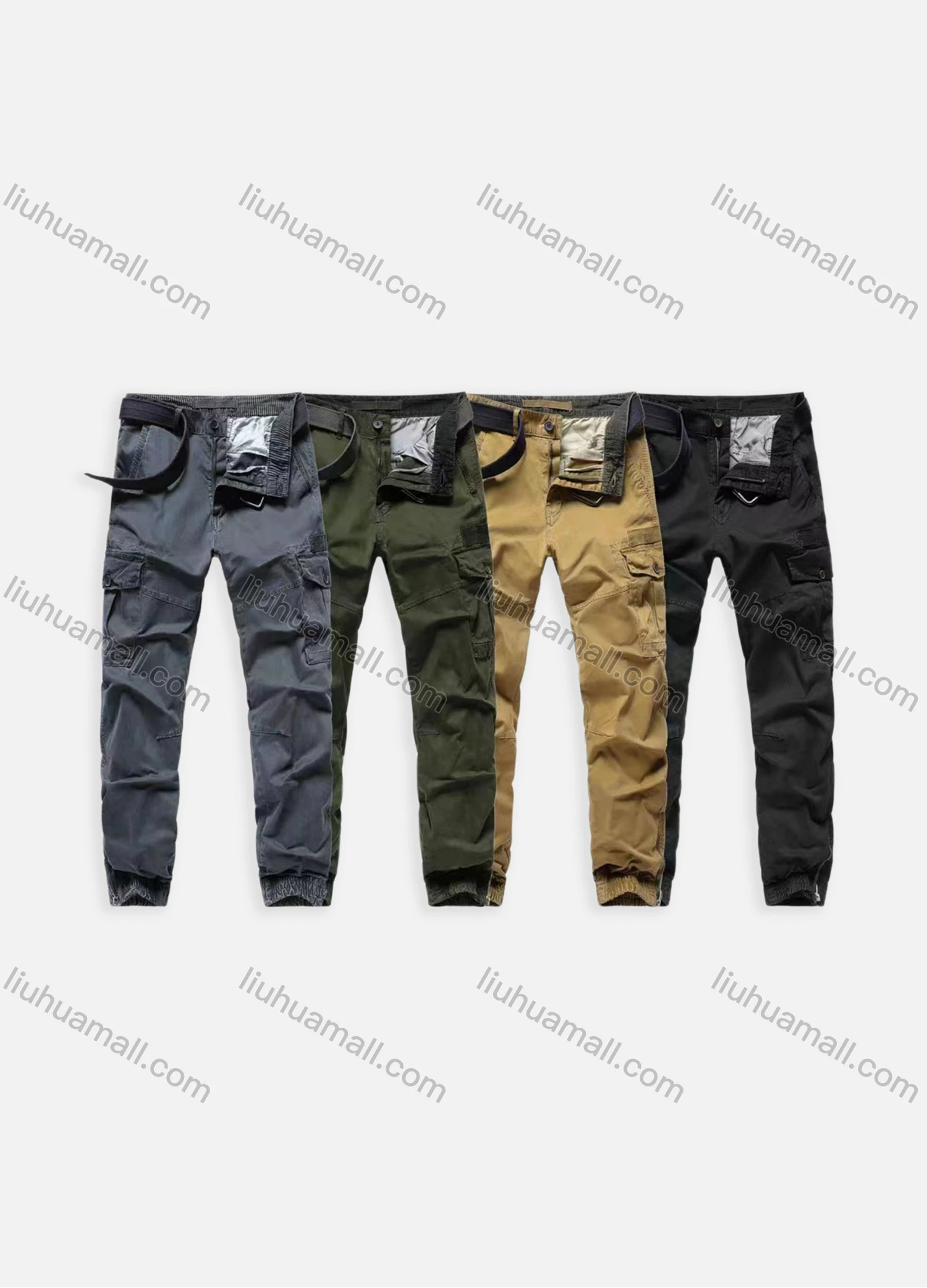 Wholesale Men's Casual Plain Multiple Pockets Ankle Length Cargo Pants Joggers AK7308# - Liuhuamall