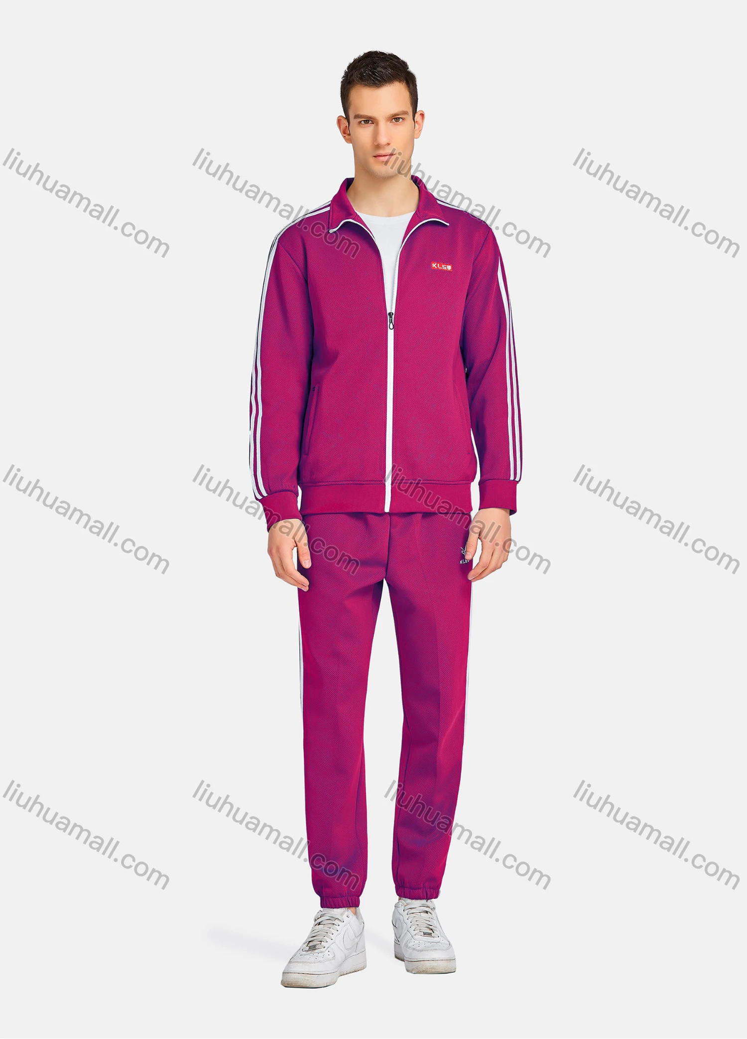 Wholesale Men's Athletic Workout Zip Long Sleeve Stand Collar Jacket & Straight Leg Ankle Length Joggers 2 Piece Sports Set - Liuhuamall