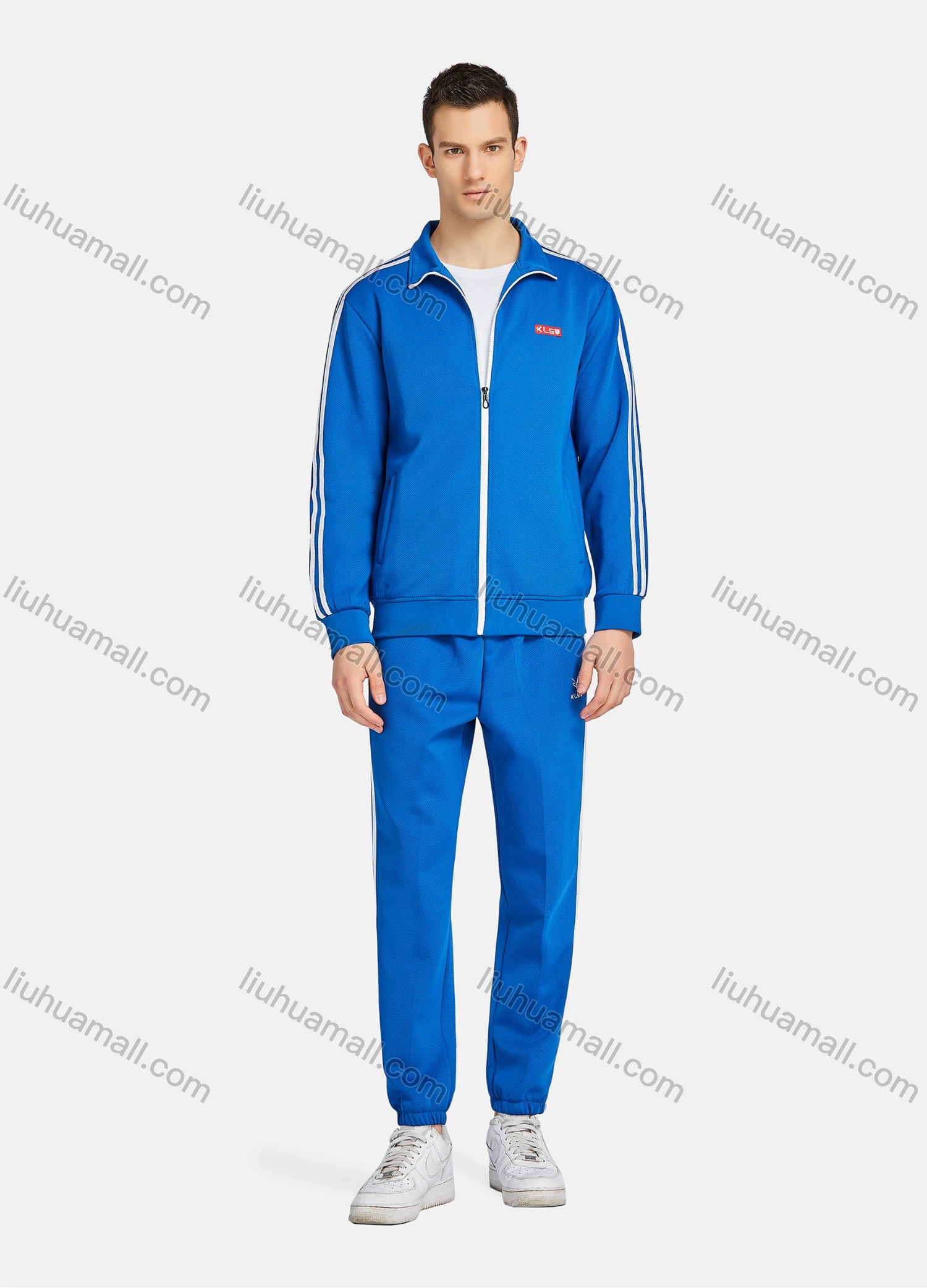 Wholesale Men's Athletic Workout Zip Long Sleeve Stand Collar Jacket & Straight Leg Ankle Length Joggers 2 Piece Sports Set - Liuhuamall