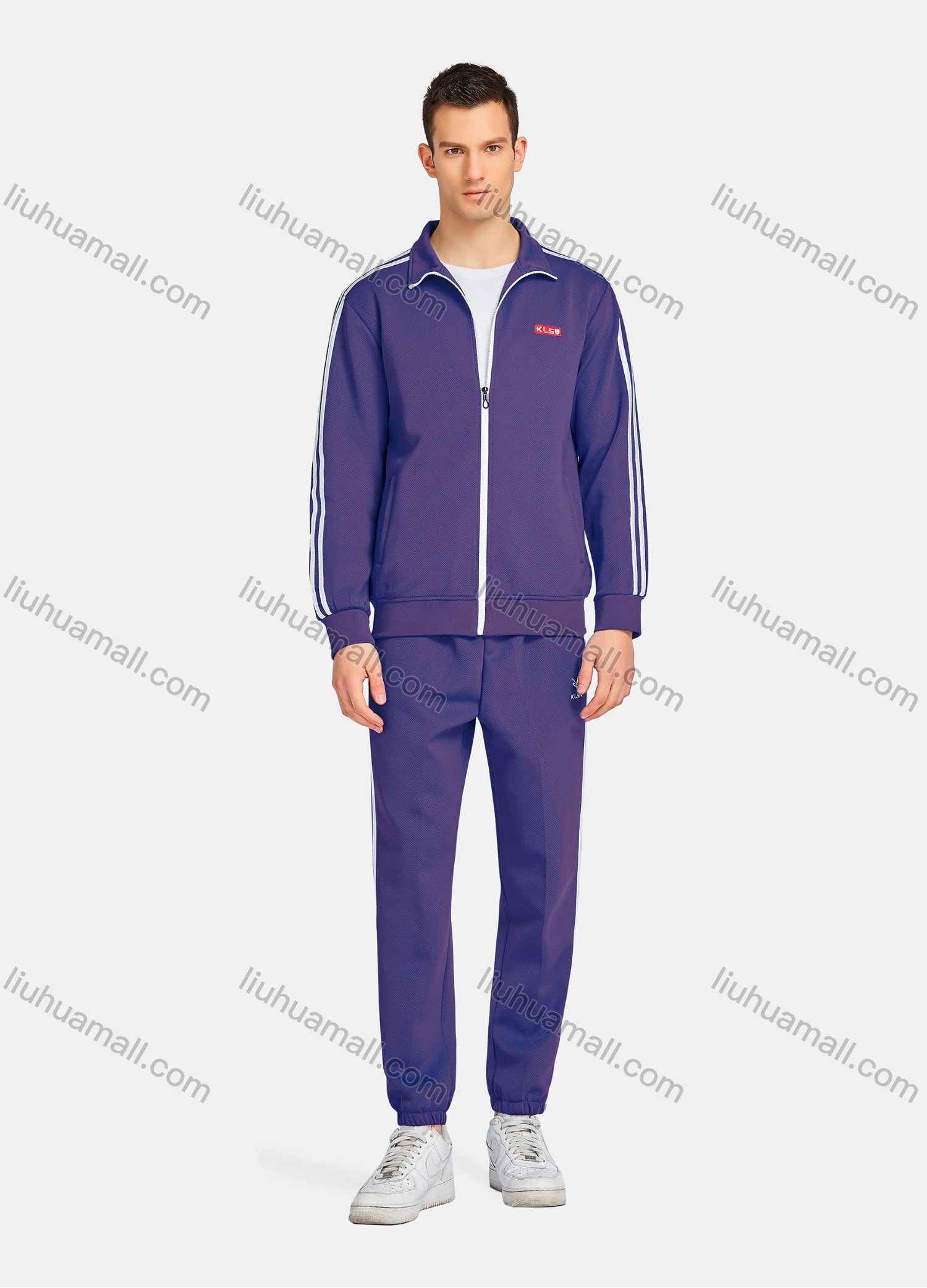 Wholesale Men's Athletic Workout Zip Long Sleeve Stand Collar Jacket & Straight Leg Ankle Length Joggers 2 Piece Sports Set - Liuhuamall