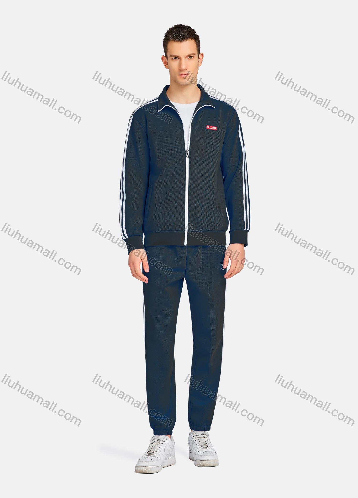 Wholesale Men's Athletic Workout Zip Long Sleeve Stand Collar Jacket & Straight Leg Ankle Length Joggers 2 Piece Sports Set - Liuhuamall