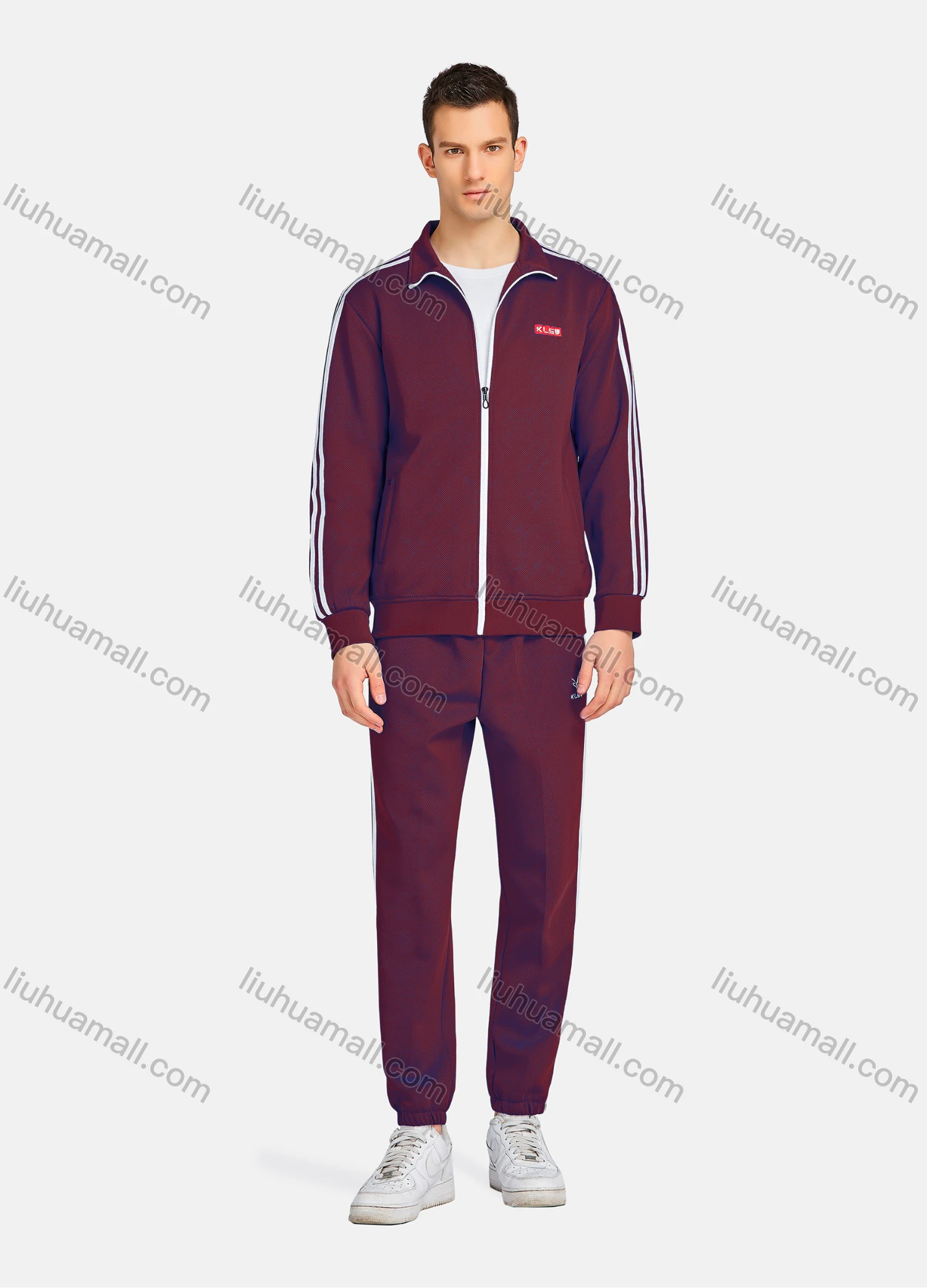 Wholesale Men's Athletic Workout Zip Long Sleeve Stand Collar Jacket & Straight Leg Ankle Length Joggers 2 Piece Sports Set - Liuhuamall