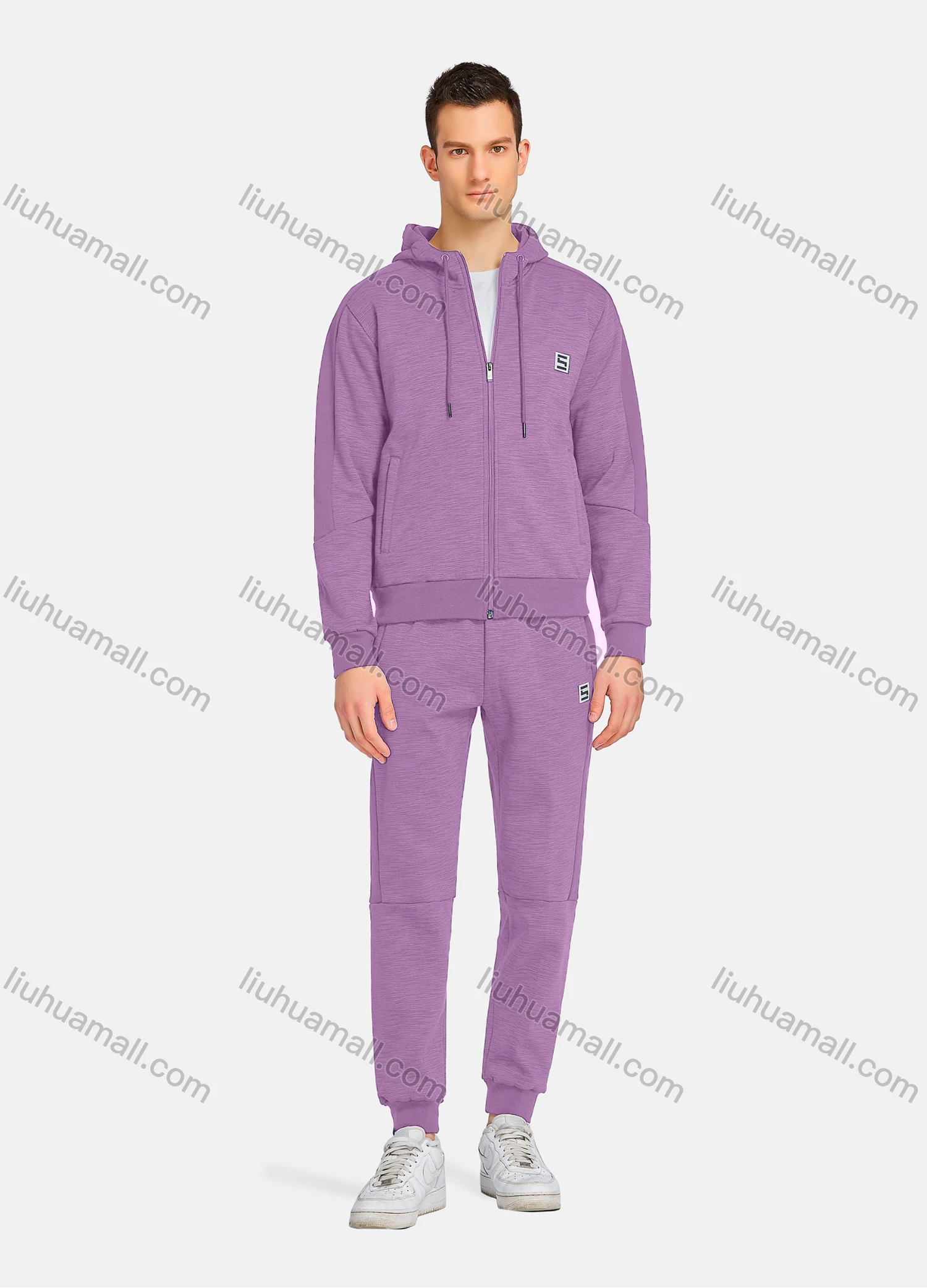 Wholesale Men's Athletic Workout Plain Zip Long Sleeve Zipper Pockets Hoodie & Ankle Length Jogger 2 Piece Sports Set - Liuhuamall