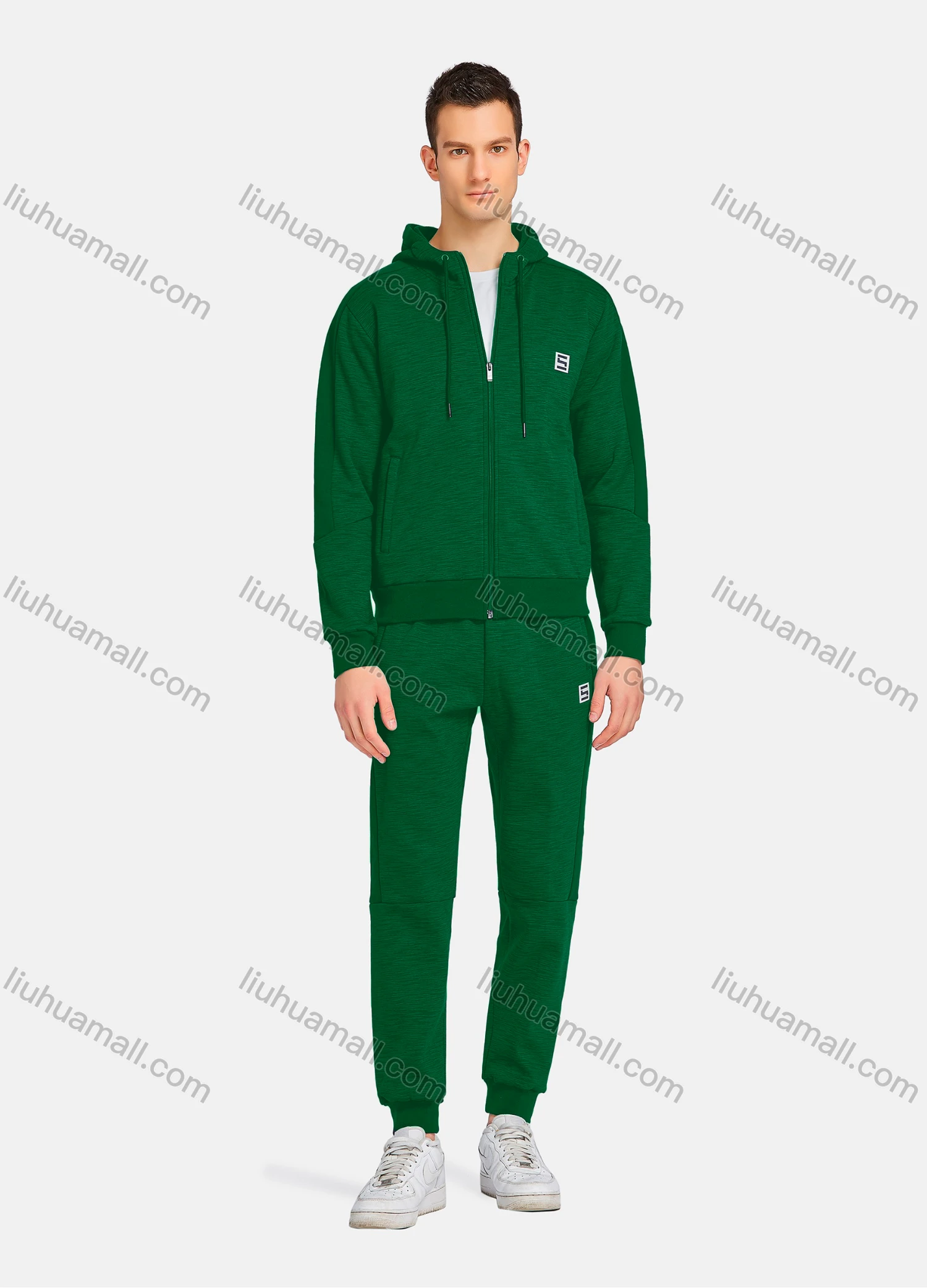 Wholesale Men's Athletic Workout Plain Zip Long Sleeve Zipper Pockets Hoodie & Ankle Length Jogger 2 Piece Sports Set - Liuhuamall