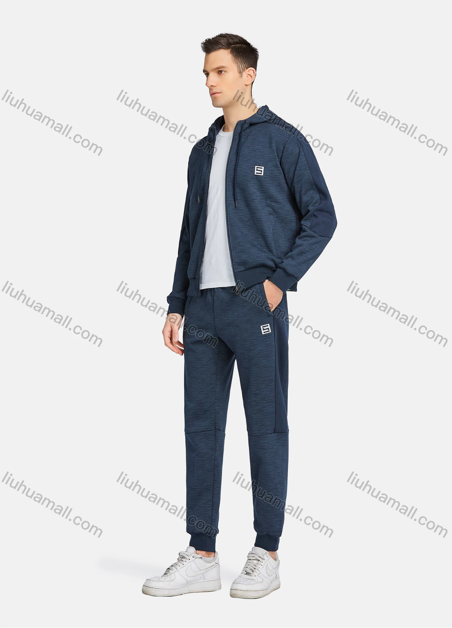 Wholesale Men's Athletic Workout Plain Zip Long Sleeve Zipper Pockets Hoodie & Ankle Length Jogger 2 Piece Sports Set - Liuhuamall