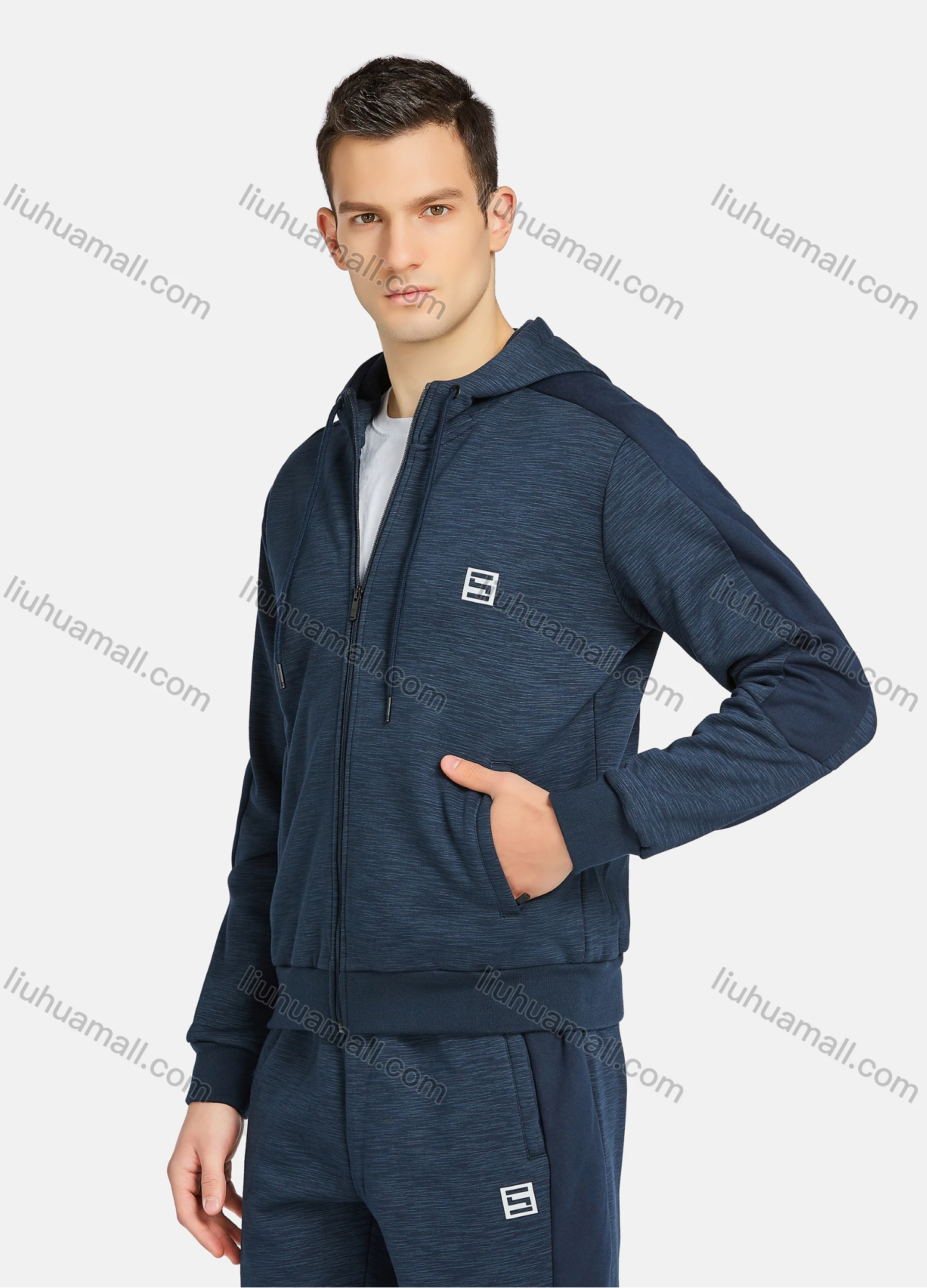 Wholesale Men's Athletic Workout Plain Zip Long Sleeve Zipper Pockets Hoodie & Ankle Length Jogger 2 Piece Sports Set - Liuhuamall