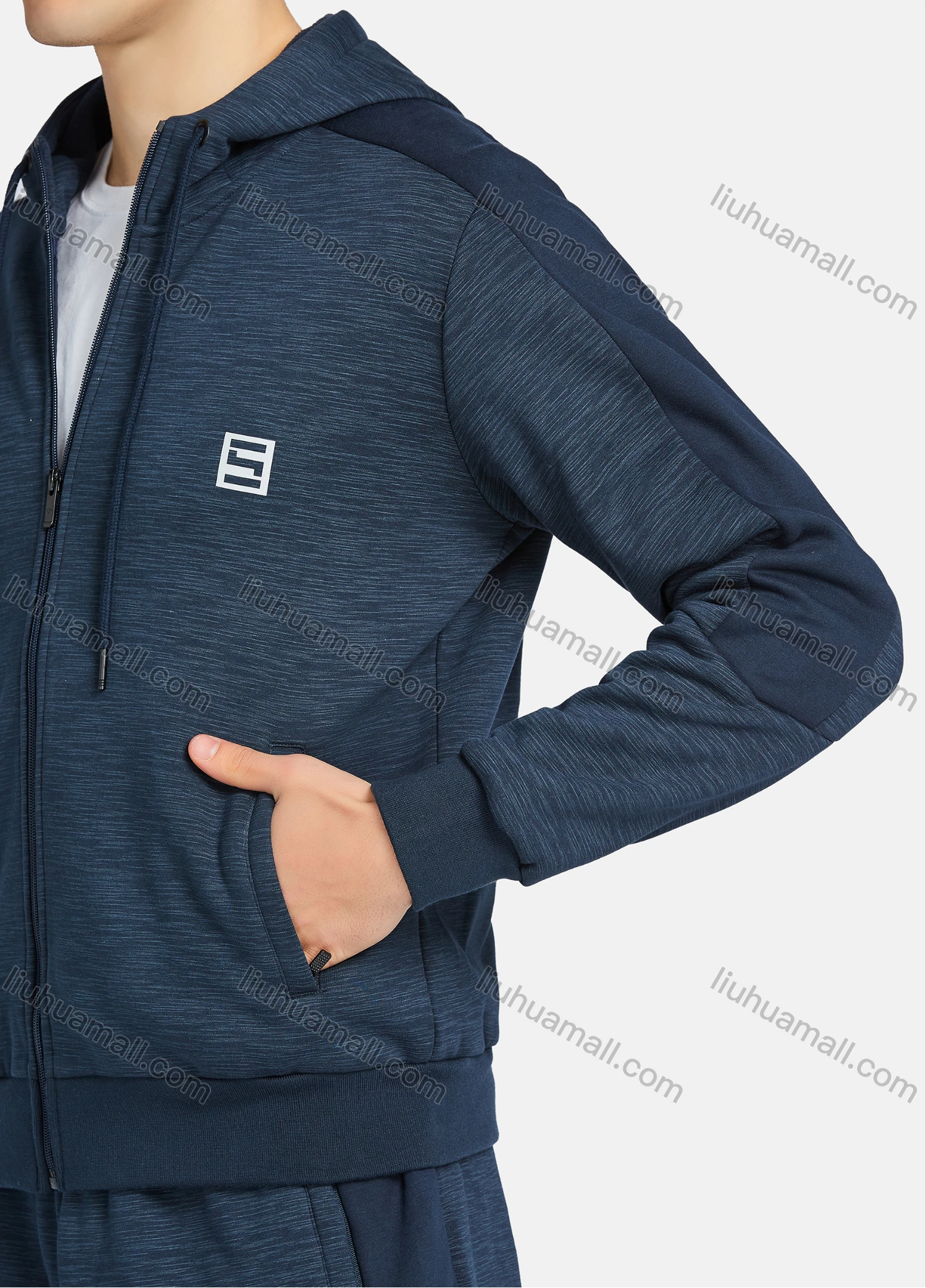 Wholesale Men's Athletic Workout Plain Zip Long Sleeve Zipper Pockets Hoodie & Ankle Length Jogger 2 Piece Sports Set - Liuhuamall