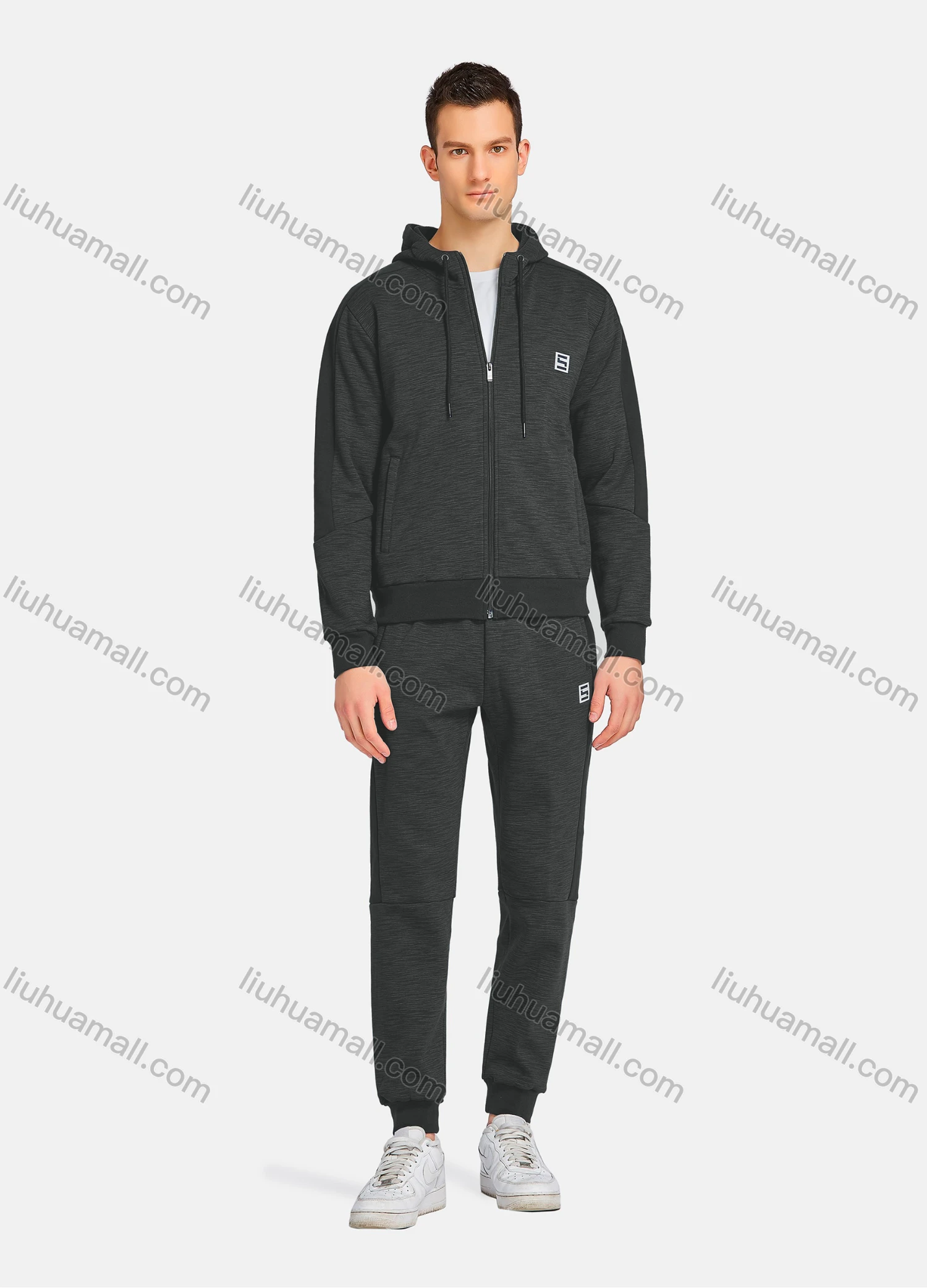 Wholesale Men's Athletic Workout Plain Zip Long Sleeve Zipper Pockets Hoodie & Ankle Length Jogger 2 Piece Sports Set - Liuhuamall