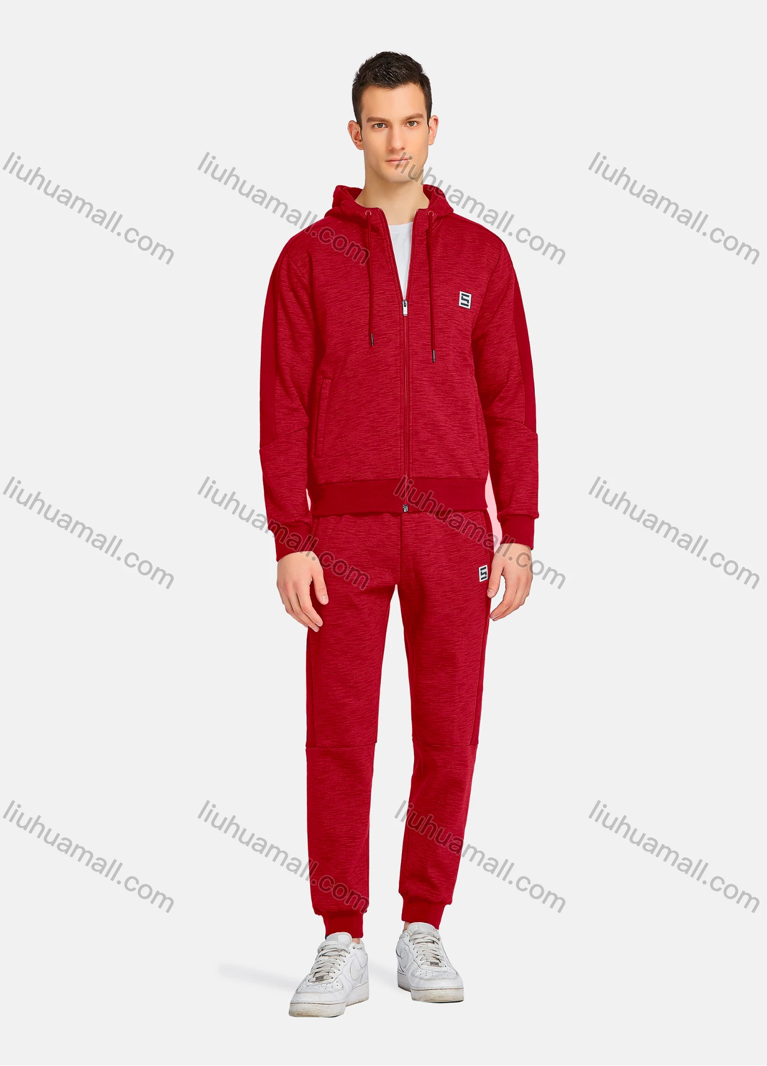 Wholesale Men's Athletic Workout Plain Zip Long Sleeve Zipper Pockets Hoodie & Ankle Length Jogger 2 Piece Sports Set - Liuhuamall