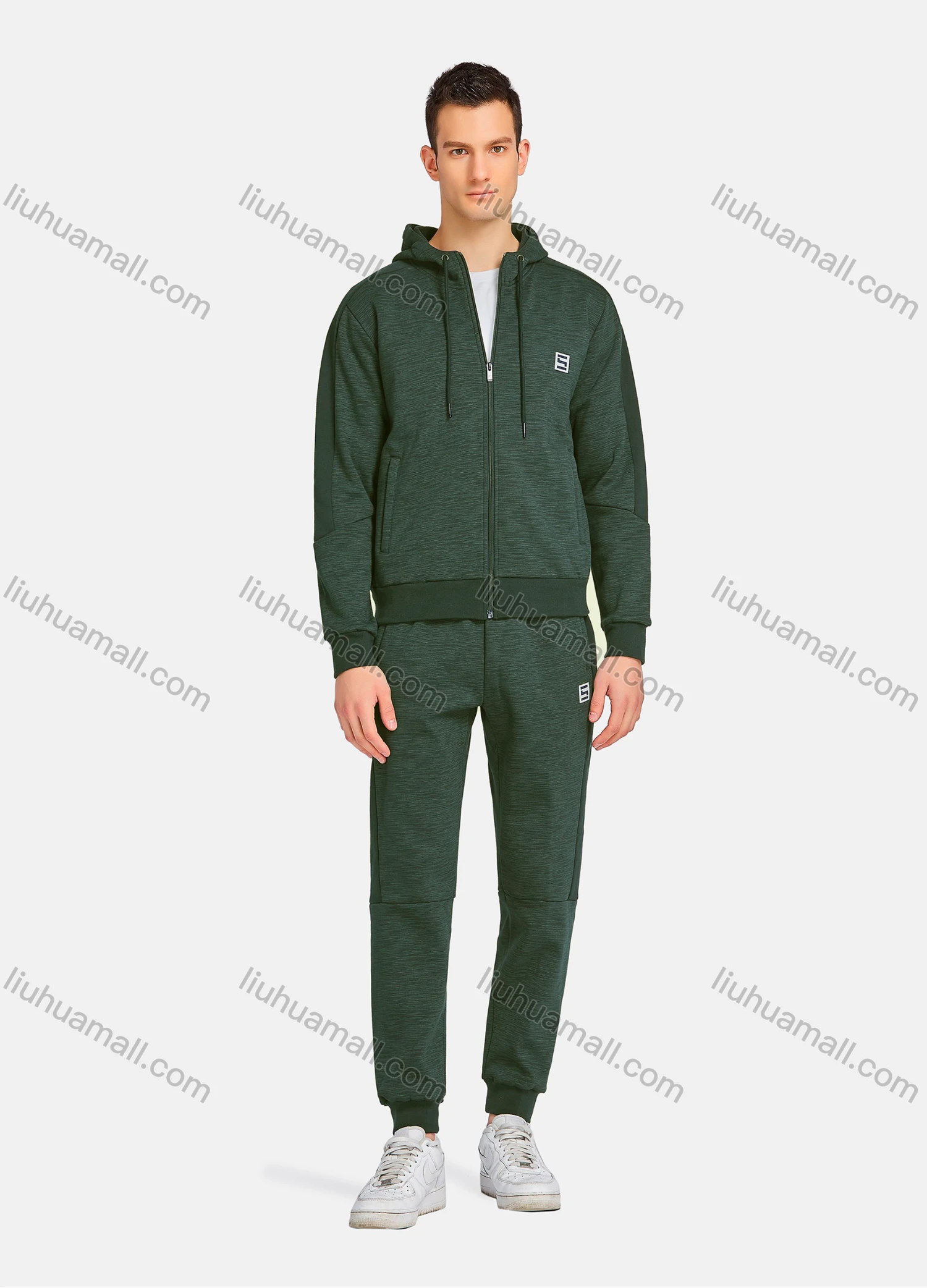 Wholesale Men's Athletic Workout Plain Zip Long Sleeve Zipper Pockets Hoodie & Ankle Length Jogger 2 Piece Sports Set - Liuhuamall