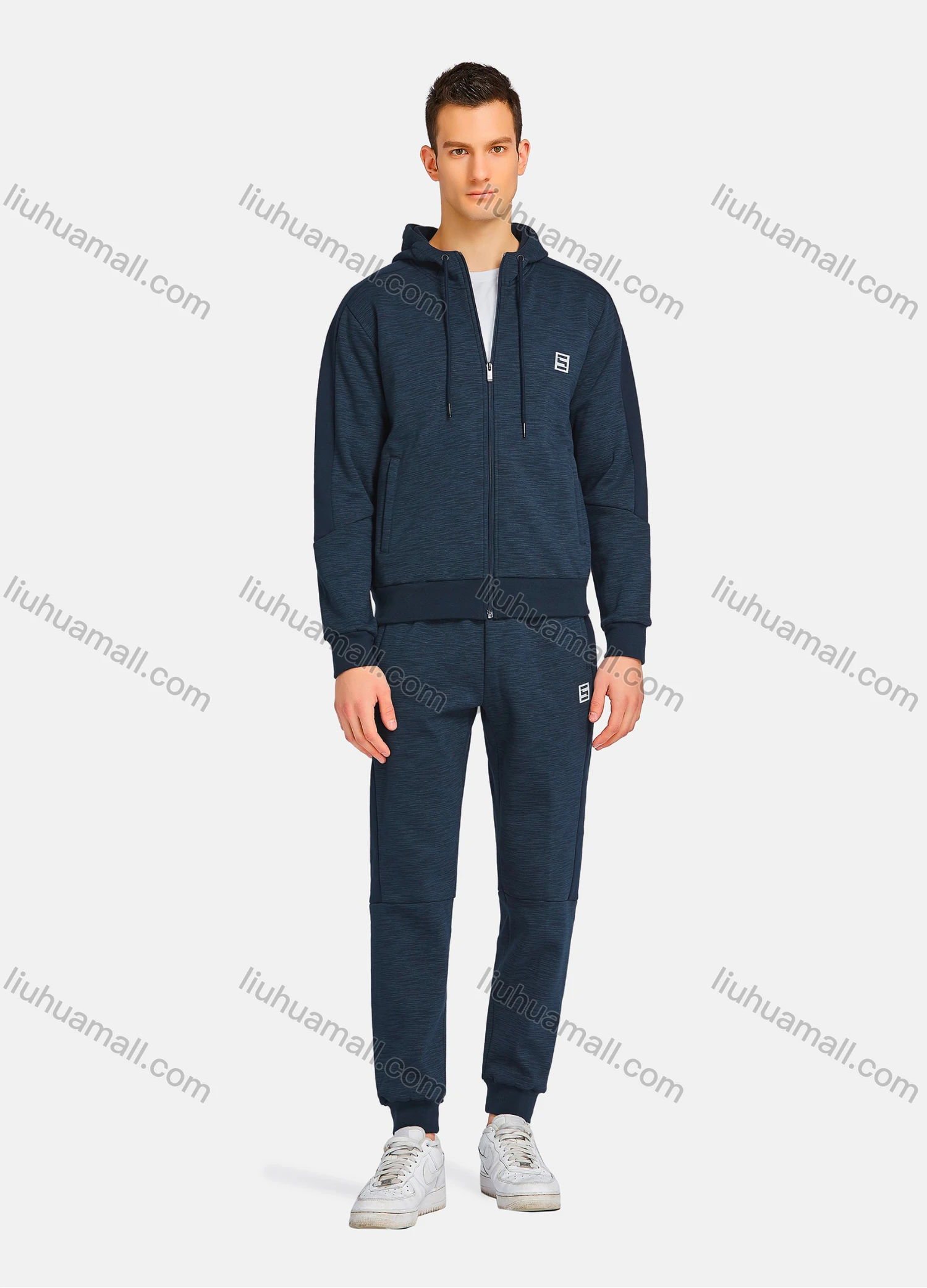 Wholesale Men's Athletic Workout Plain Zip Long Sleeve Zipper Pockets Hoodie & Ankle Length Jogger 2 Piece Sports Set - Liuhuamall