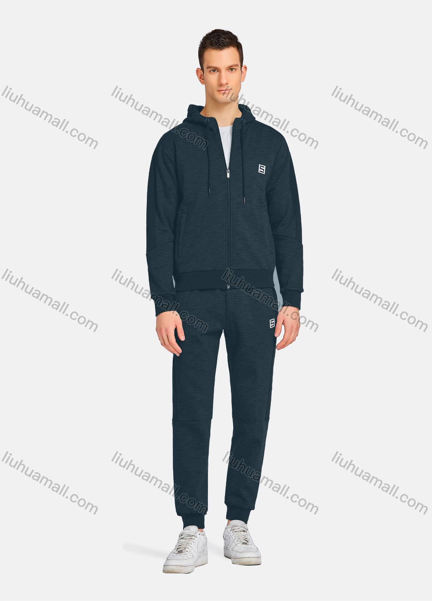 Wholesale Men's Athletic Workout Plain Zip Long Sleeve Zipper Pockets Hoodie & Ankle Length Jogger 2 Piece Sports Set - Liuhuamall