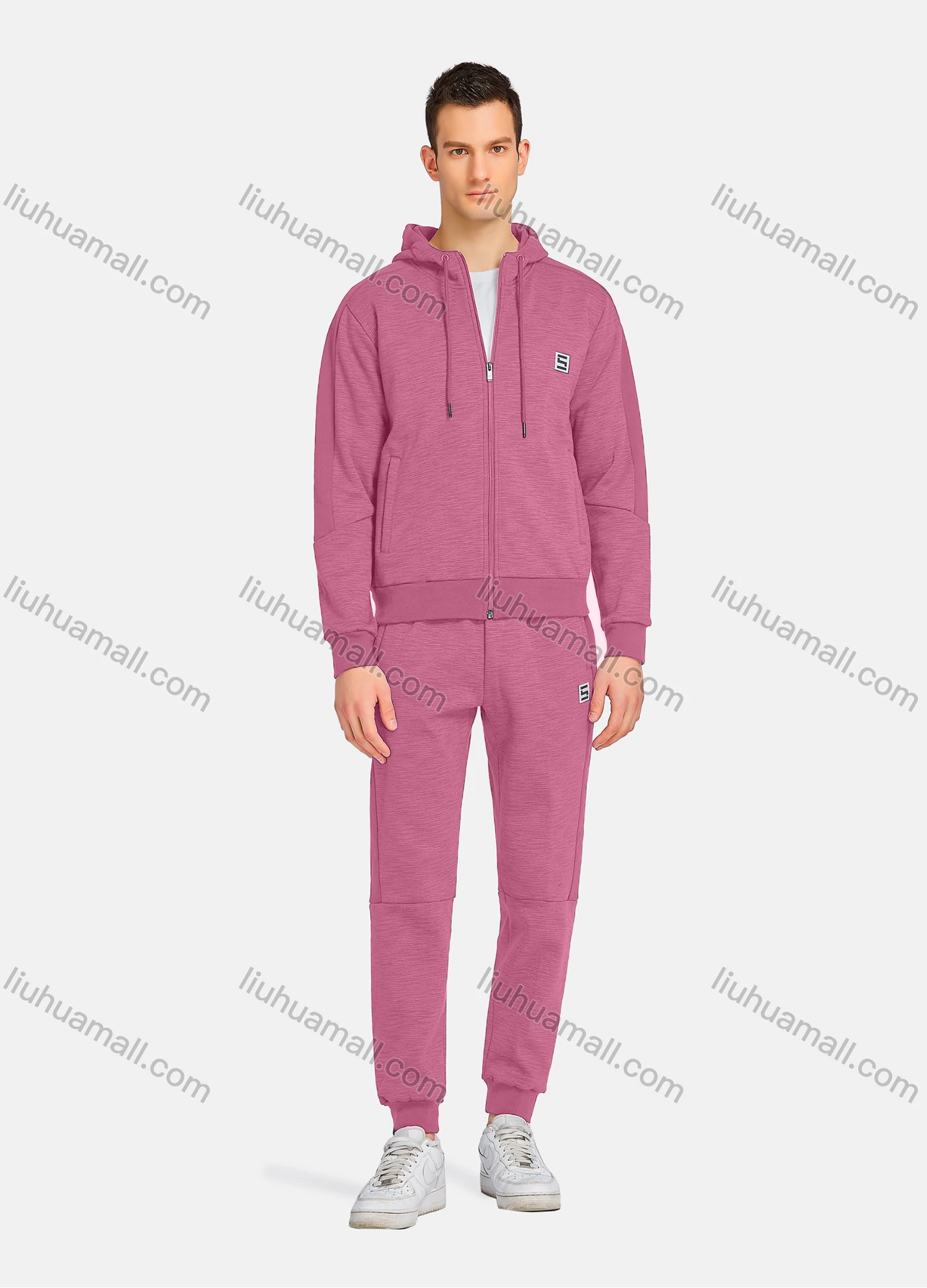 Wholesale Men's Athletic Workout Plain Zip Long Sleeve Zipper Pockets Hoodie & Ankle Length Jogger 2 Piece Sports Set - Liuhuamall