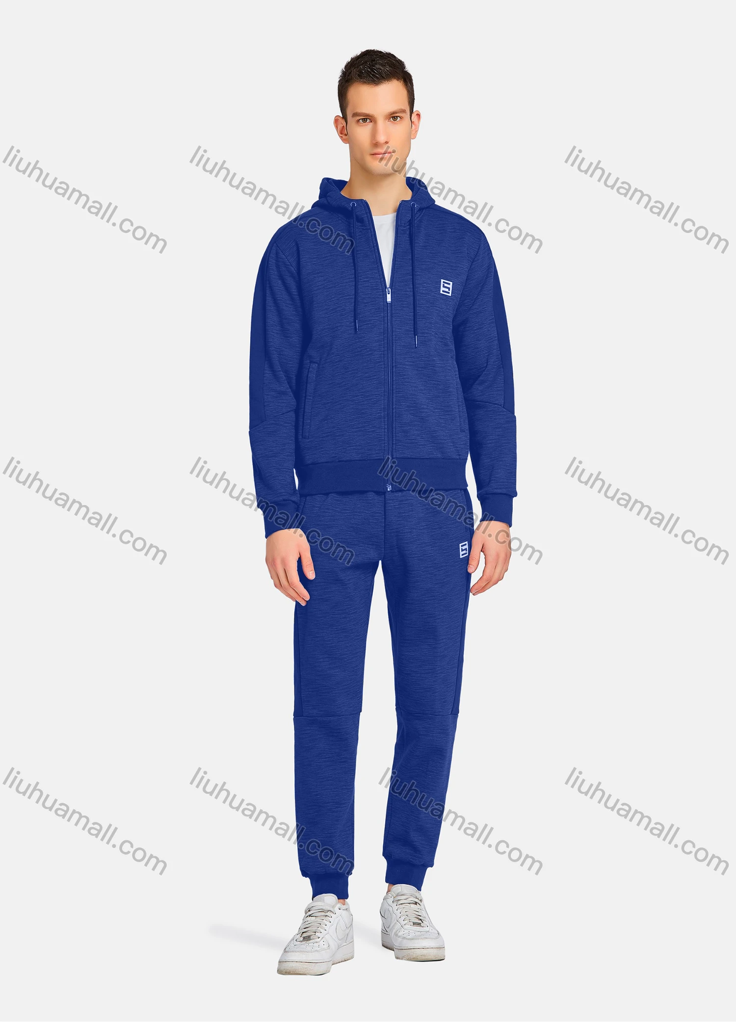 Wholesale Men's Athletic Workout Plain Zip Long Sleeve Zipper Pockets Hoodie & Ankle Length Jogger 2 Piece Sports Set - Liuhuamall