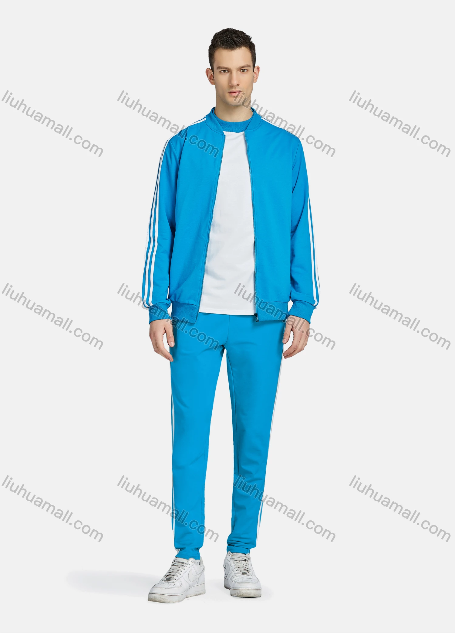 Wholesale Men's Athletic Workout Striped Zip Long Sleeve Jacket & Short Sleeve Mock Neck Tee & Ankle Length Jogger 3 Piece Set - Liuhuamall