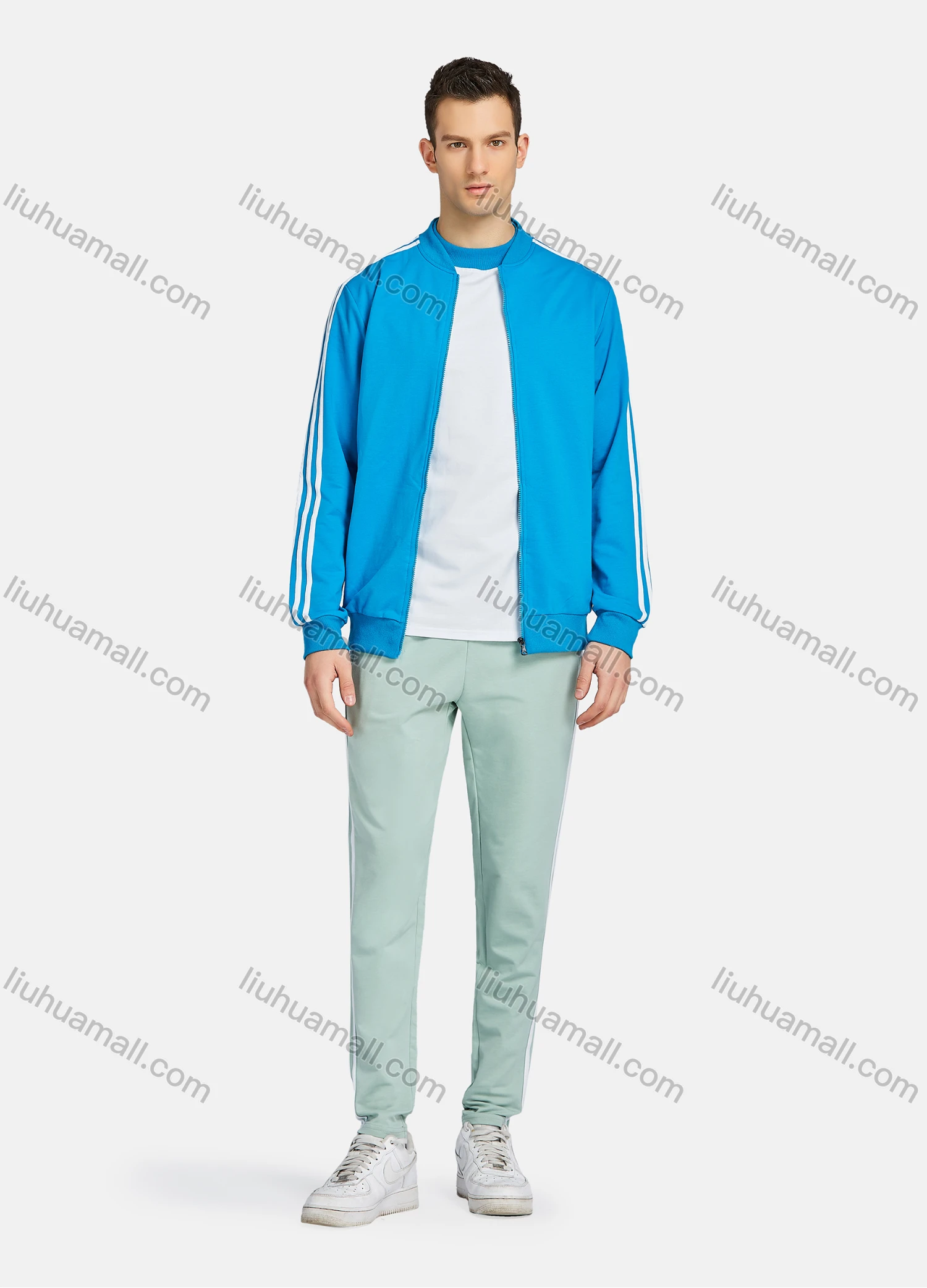Wholesale Men's Athletic Workout Striped Zip Long Sleeve Jacket & Short Sleeve Mock Neck Tee & Ankle Length Jogger 3 Piece Set - Liuhuamall