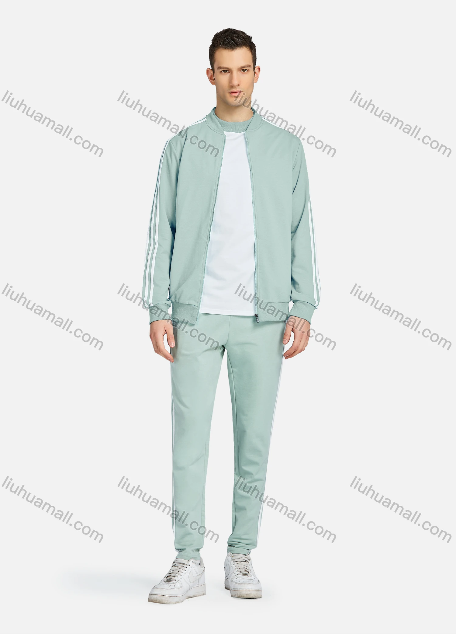 Wholesale Men's Athletic Workout Striped Zip Long Sleeve Jacket & Short Sleeve Mock Neck Tee & Ankle Length Jogger 3 Piece Set - Liuhuamall