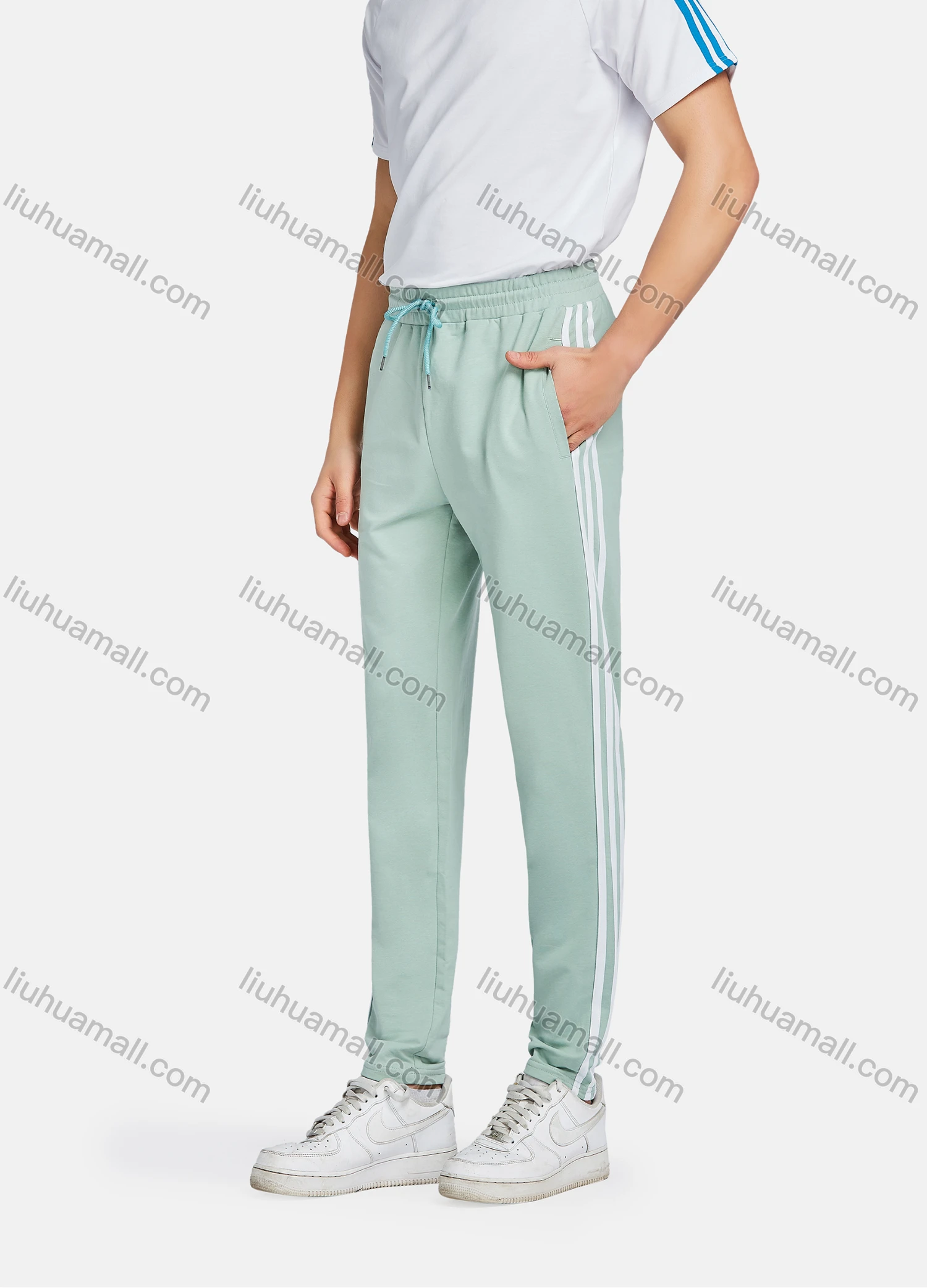 Wholesale Men's Athletic Workout Striped Zip Long Sleeve Jacket & Short Sleeve Mock Neck Tee & Ankle Length Jogger 3 Piece Set - Liuhuamall