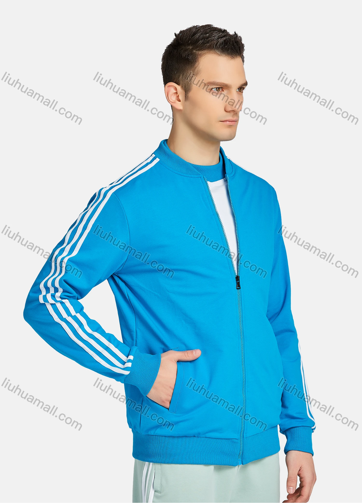 Wholesale Men's Athletic Workout Striped Zip Long Sleeve Jacket & Short Sleeve Mock Neck Tee & Ankle Length Jogger 3 Piece Set - Liuhuamall